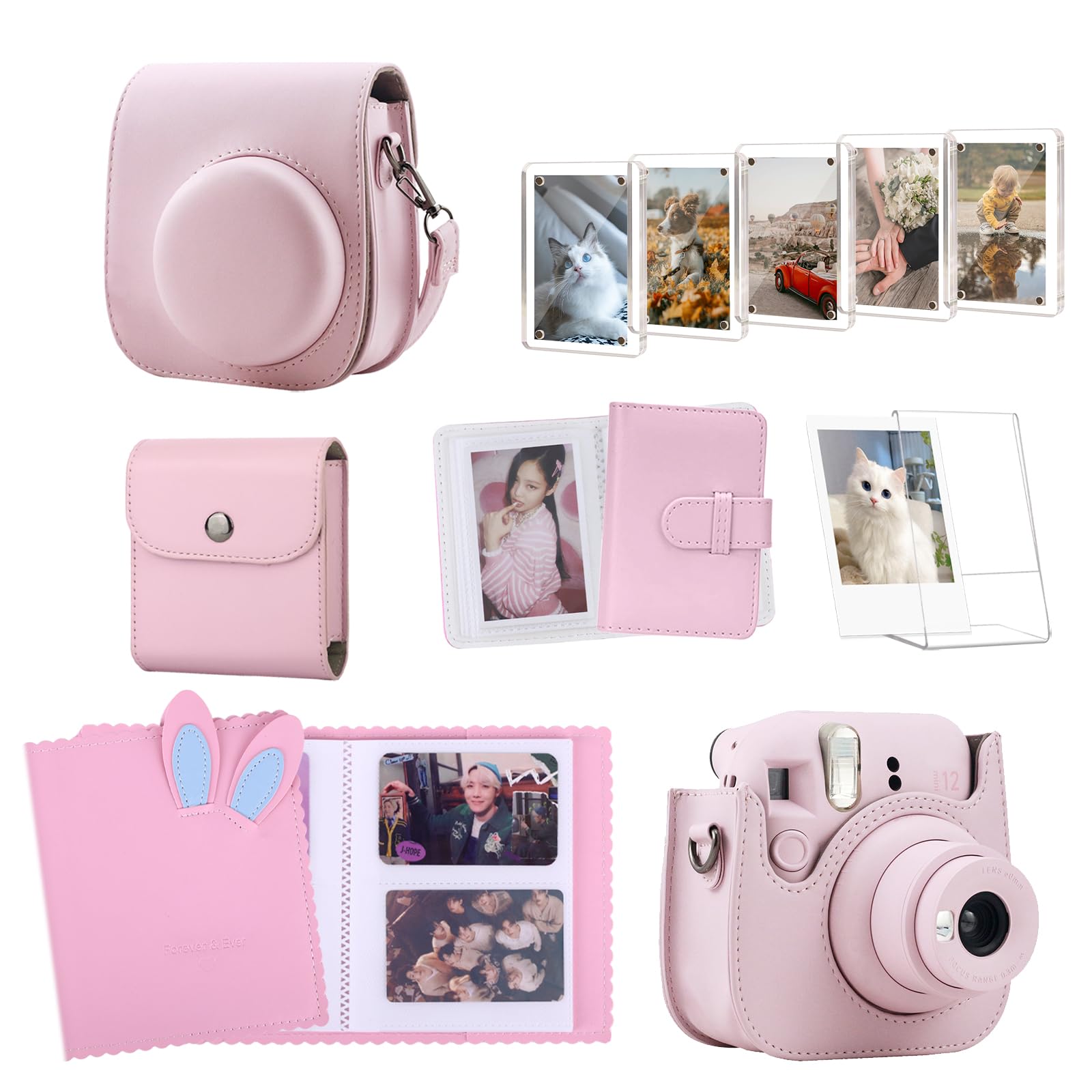 Protective Camera Case Compatible with Fujifilm Mini 12 11 9 8 Instant Camera with 64 Pockets Mini Photo Album, PU Leather Bag Cover with Adjustable