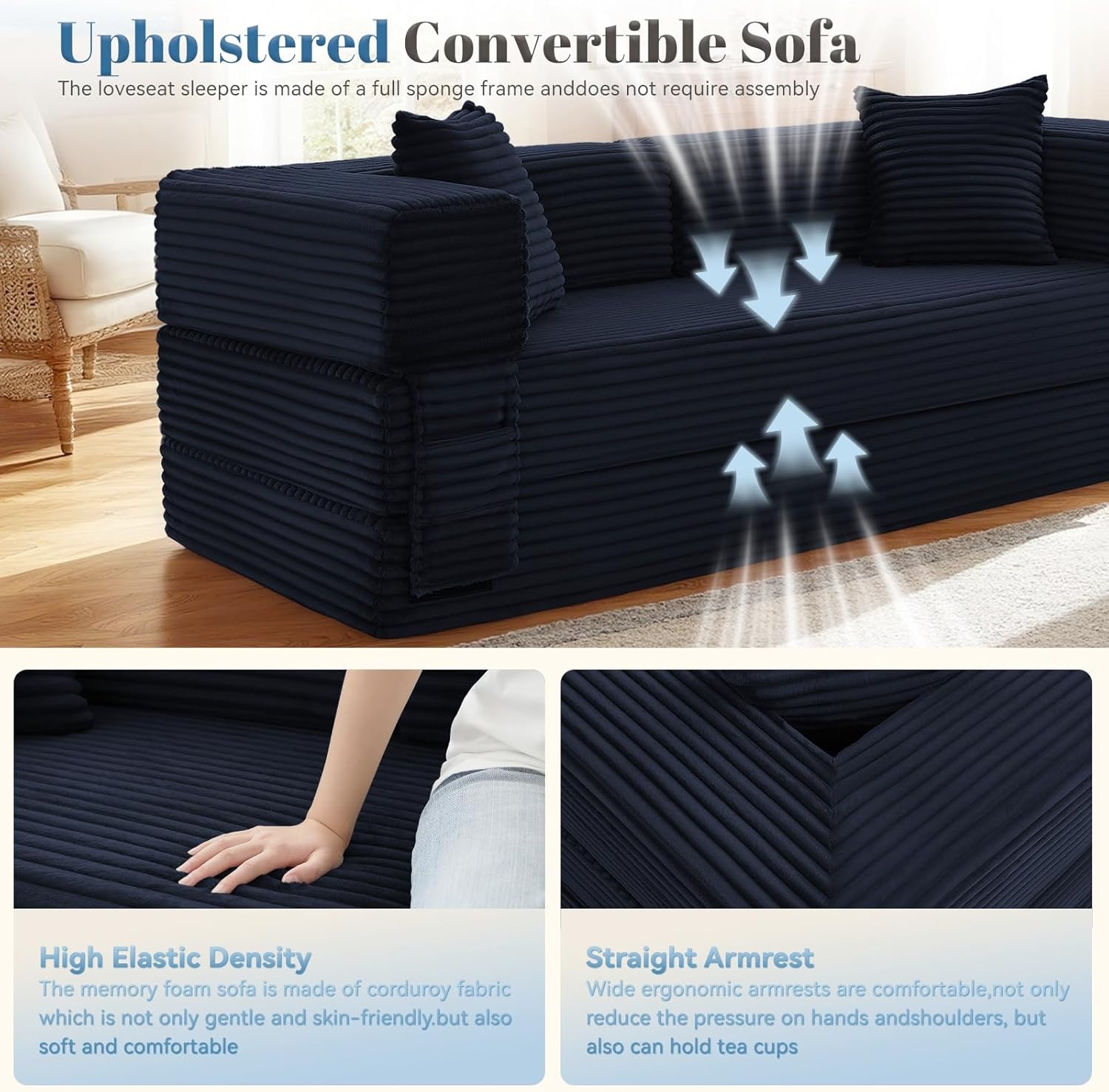 Convertible FoldIing Sofa Bed,5-in-1 Futon Queen Sleeper Sofa with Removable Armrests, Modular Futon Couch with Pull Out Bed,Boneless Couch for Living Room,Compression Sofa in Box, Navy Blue