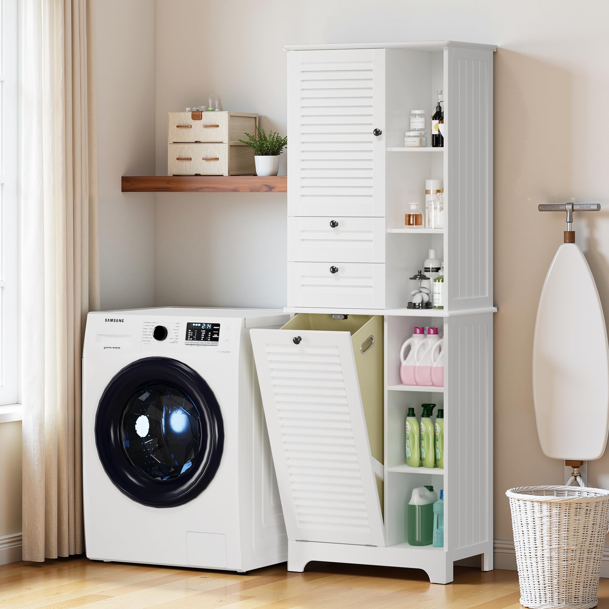 Xbro Mobile Salvaspazio Alto da Bagno con Cesto Portabiancheria, 2 Ante a Lamelle, 2 Cassetti e 8 Ripiani Aperti, Multiuso per Bagno, Cucina e Soggiorno, 60x37x170 cm, Bianco