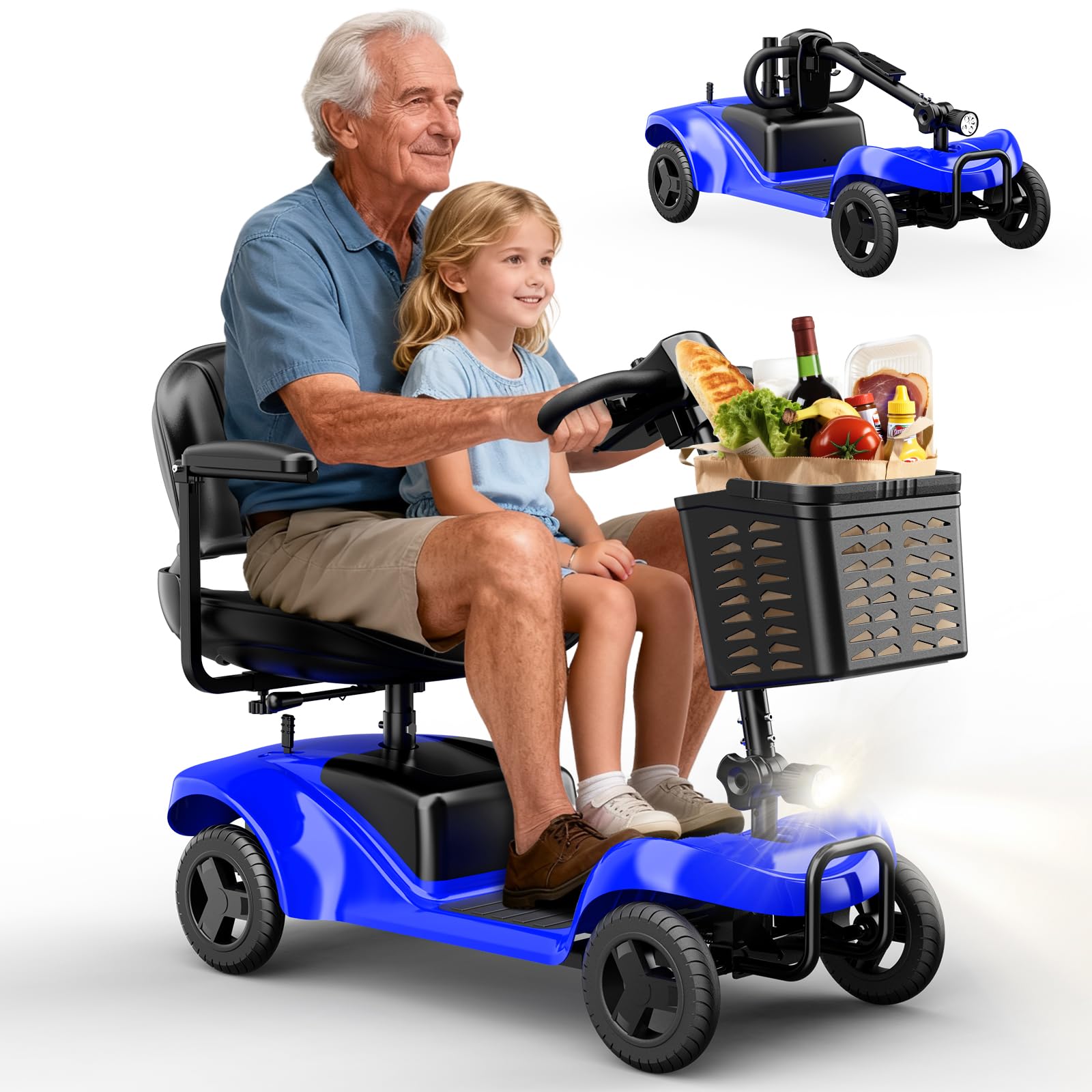 Mobility Scooter,4 Wheel Mobility Scooter,15 Miles Range,300LBS Capacity,Lightweight and Portable,with LED Headlights and Basket,Charger Included,Gifts Suitable for Elders,Blue Blue 12 Amp Hours