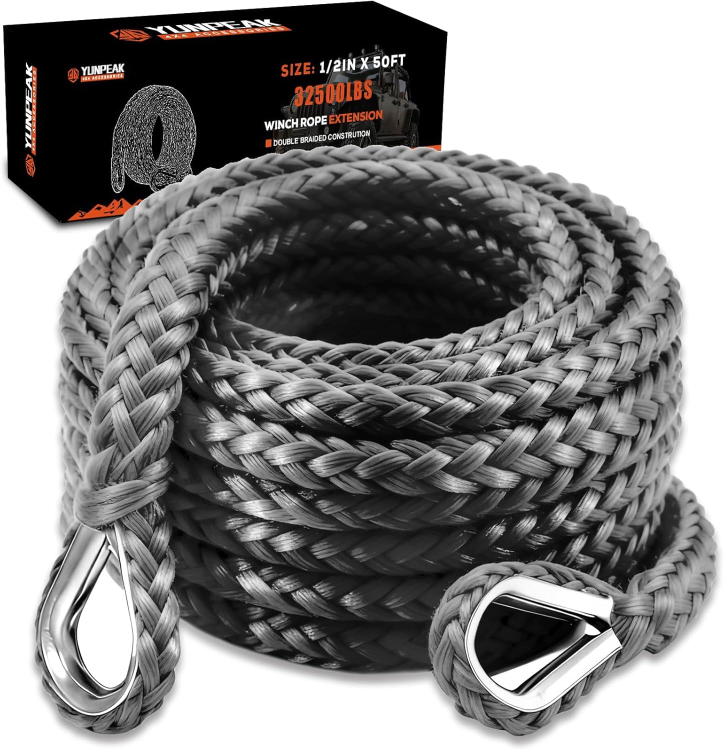 Winch Rope Extension, 1/2'' x 50ft 32,500Lbs Synthetic Winch Extension Rope, Winch Extension Line for Off Road Vehicle ATV UTV SUV Jeep (Gray)