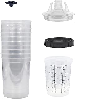 Disposable Paint Spray Gun Cups Liners and Lid System, 50 Pack Mini Size 6 Ounce (200ml) Kit - 50 Cup Liners, 50 Lids with 190 Mic Strainer, 1 Hard Cup with Retainer Ring and 20 Plugs