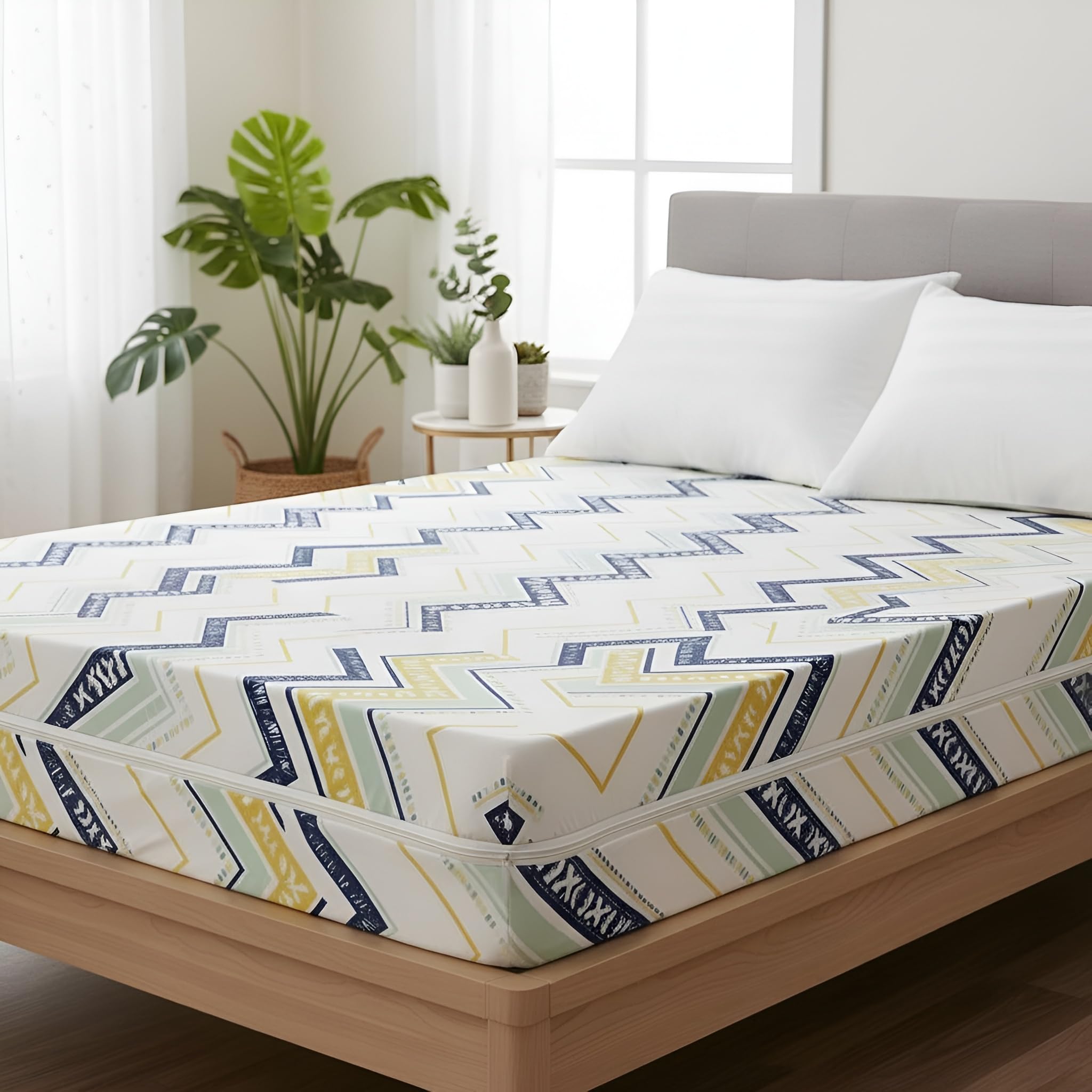 Fairy Down® Premium Cotton Printed Mattress Protector Queen Size | 78x60x6 Inches | Bed Cover, Mattress Cover with Zipper Chain, All Round Protection with 360° Encasing for 6.5x5 Ft Mattresses - Beige