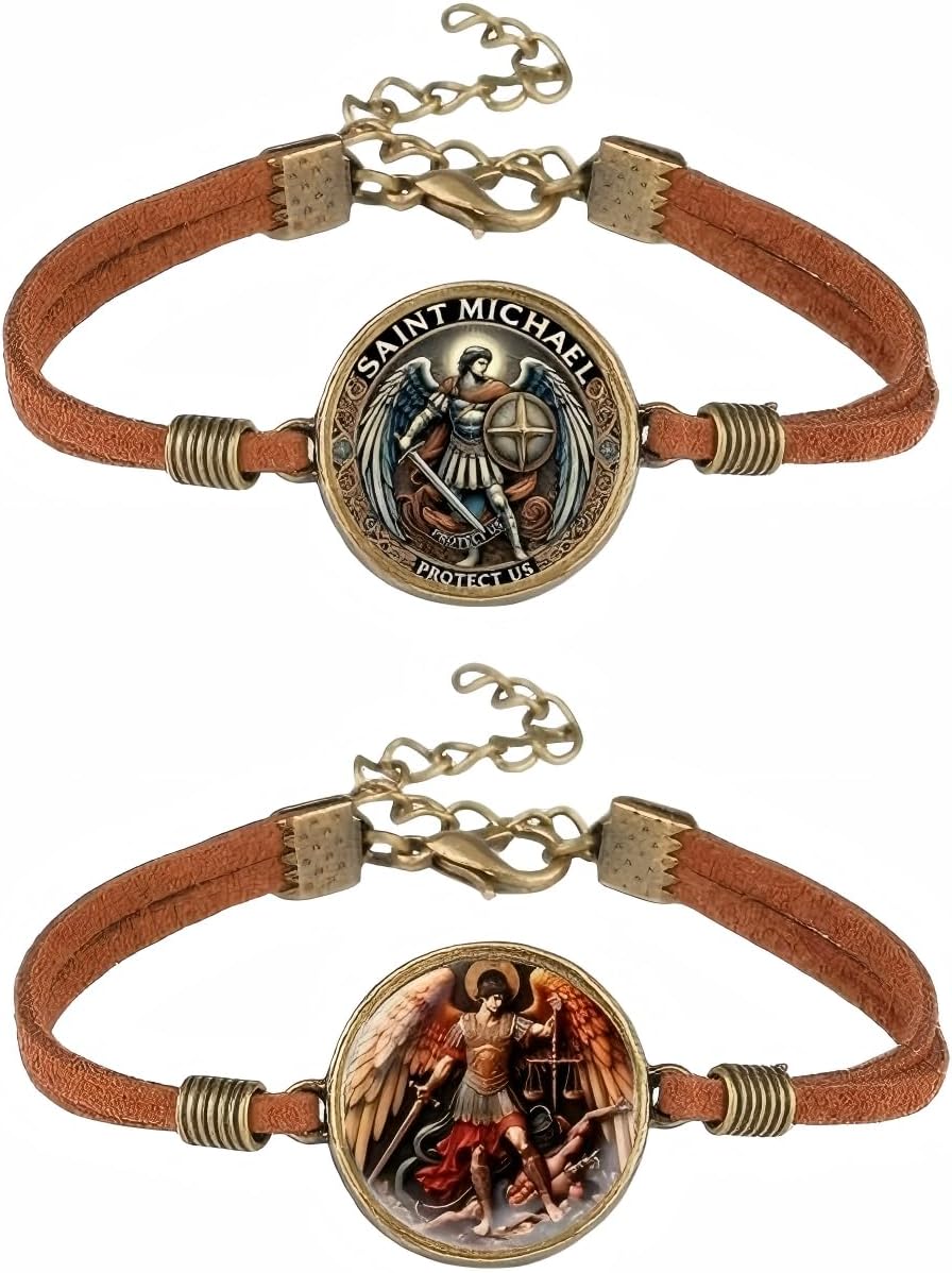 2 Pcs Archangel Saint Michael Leather Bracelet Set - Zinc Alloy Crystal Glass Pendant, Lucky Protection Jewelry, Adjustable Chain, Vintage Style