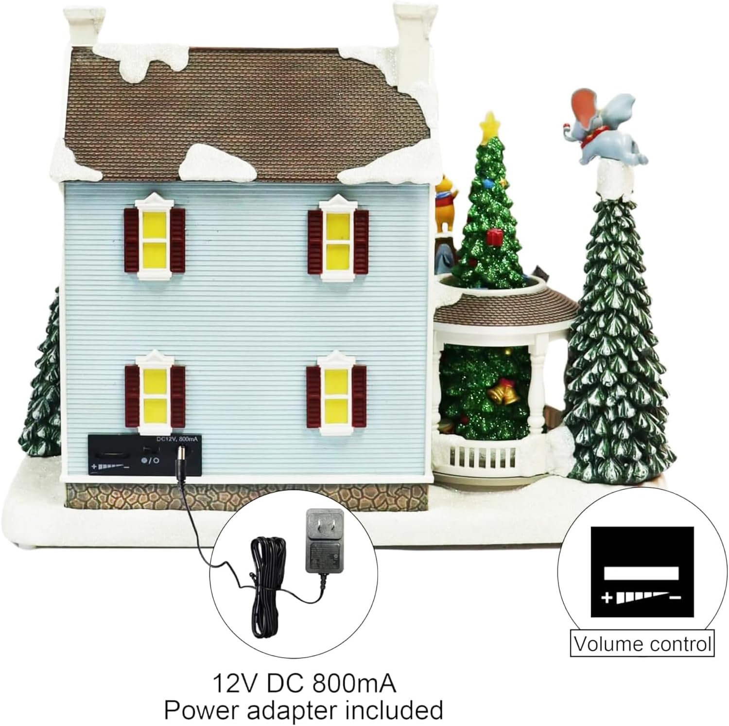 Animated Disney Christmas House 12”H Moments In Time LED Lighted Holiday Village with Music Volume Control Hand-Painted Disney Characters Power Adapter Included Festive Décor