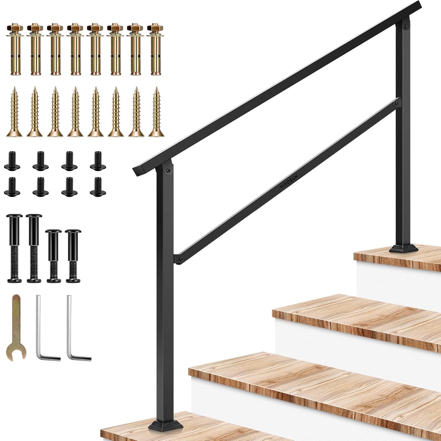 VIVOSUN Outdoor Handrail, 4 Step Stair Handrail, 54" x 36" Fits 1 to 4 Steps, Wrought Mattle Iron Handrail for Concrete Steps, Porch Steps, One-Step Assembly, Black