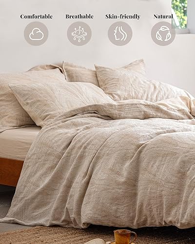 Miniatura 2 de MILDLY - Juego de funda de edredón de lino y algodón, diseño jacquard con textura de trigo, 3 piezas con cierre de cremallera, transpirable y