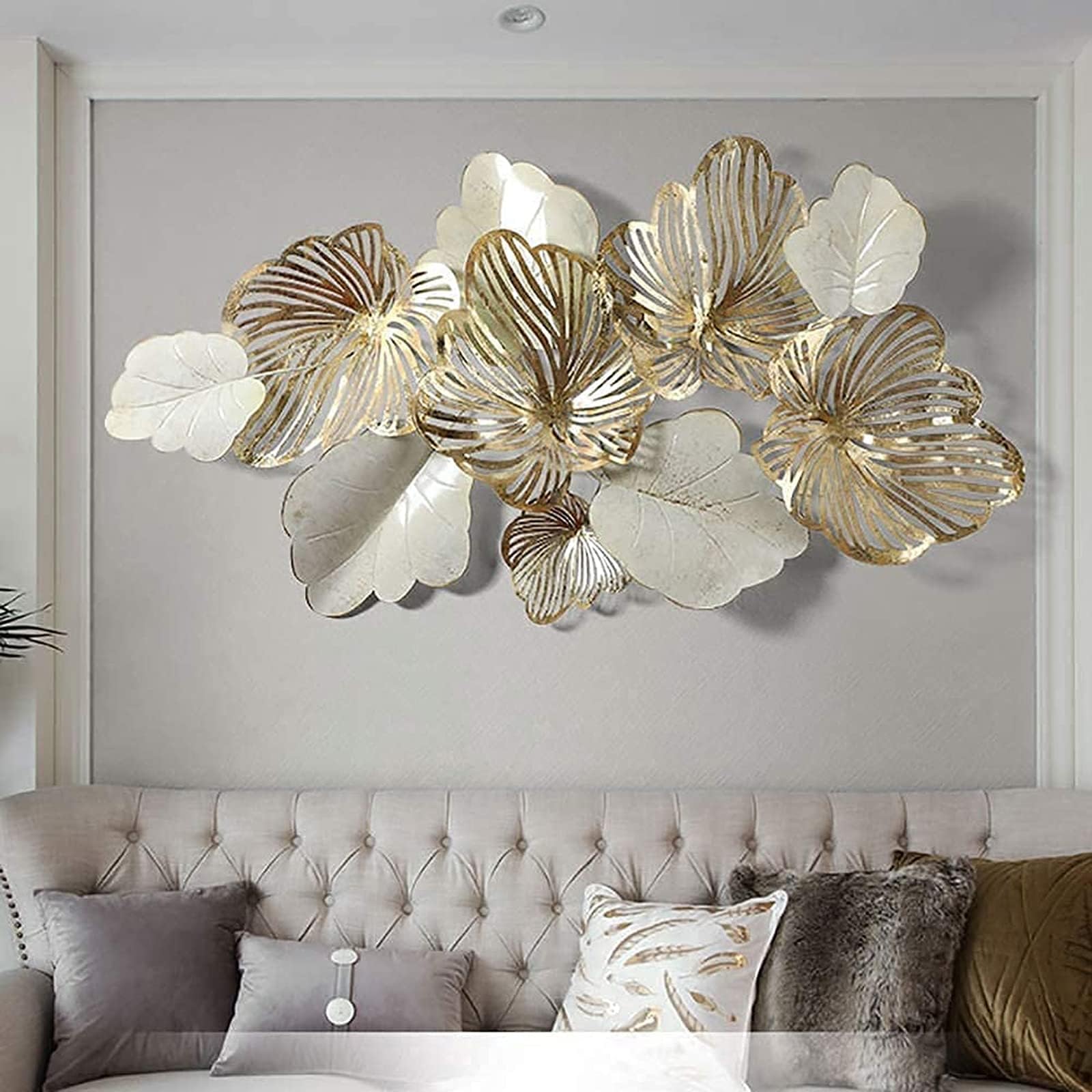 Metal Wall Art, Large Modern 3D Leaf Sculpture, Handmade Gold Flower Wall Hanging Decoration for Living Room and Bedroom