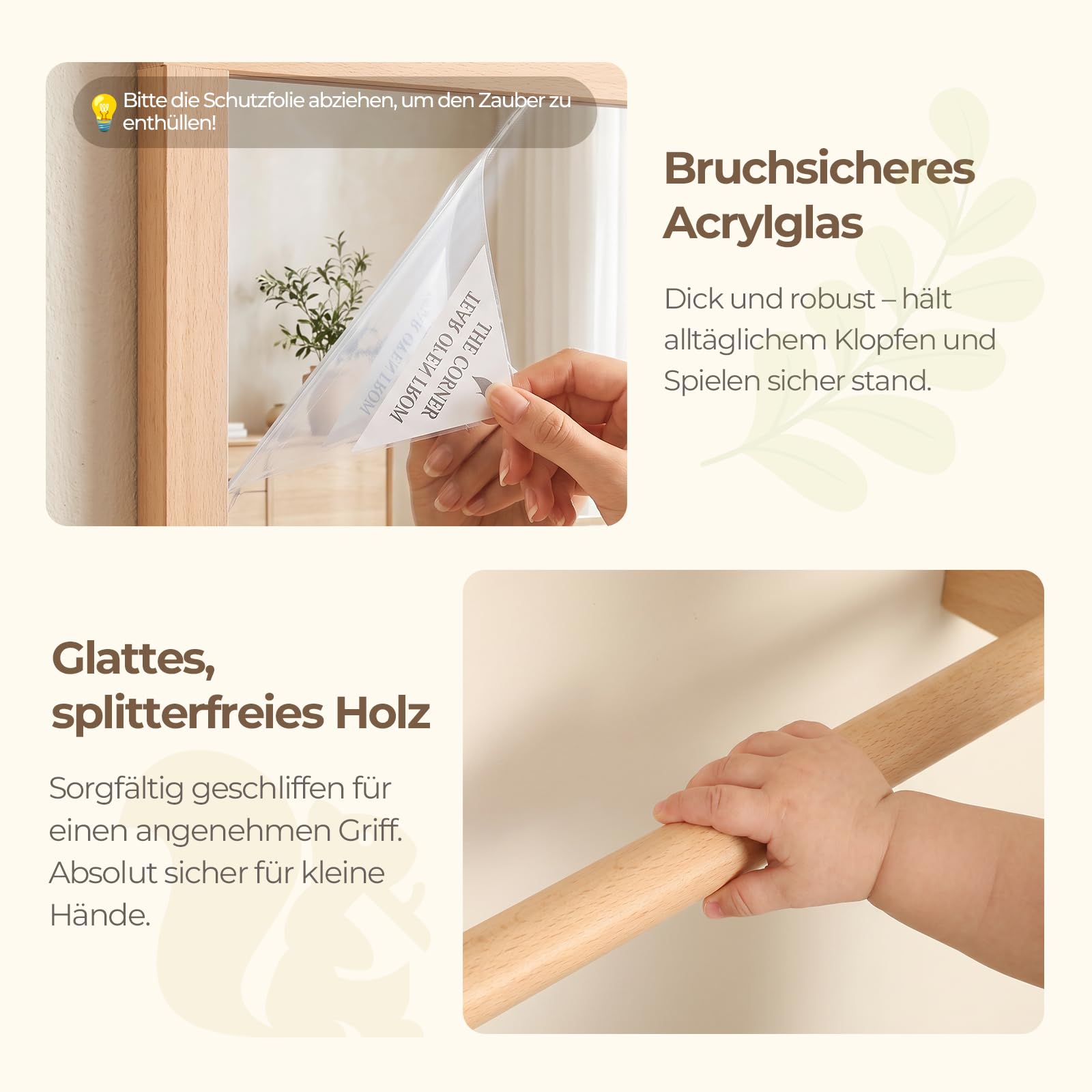let's make Montessori Spiegel mit Haltestange, Verzerrungsfreier Baby Spiegel für Bauchlage, FSC-Holz Krabbelspiegel & Motorikspielzeug ab 6 Monate 60x40cm