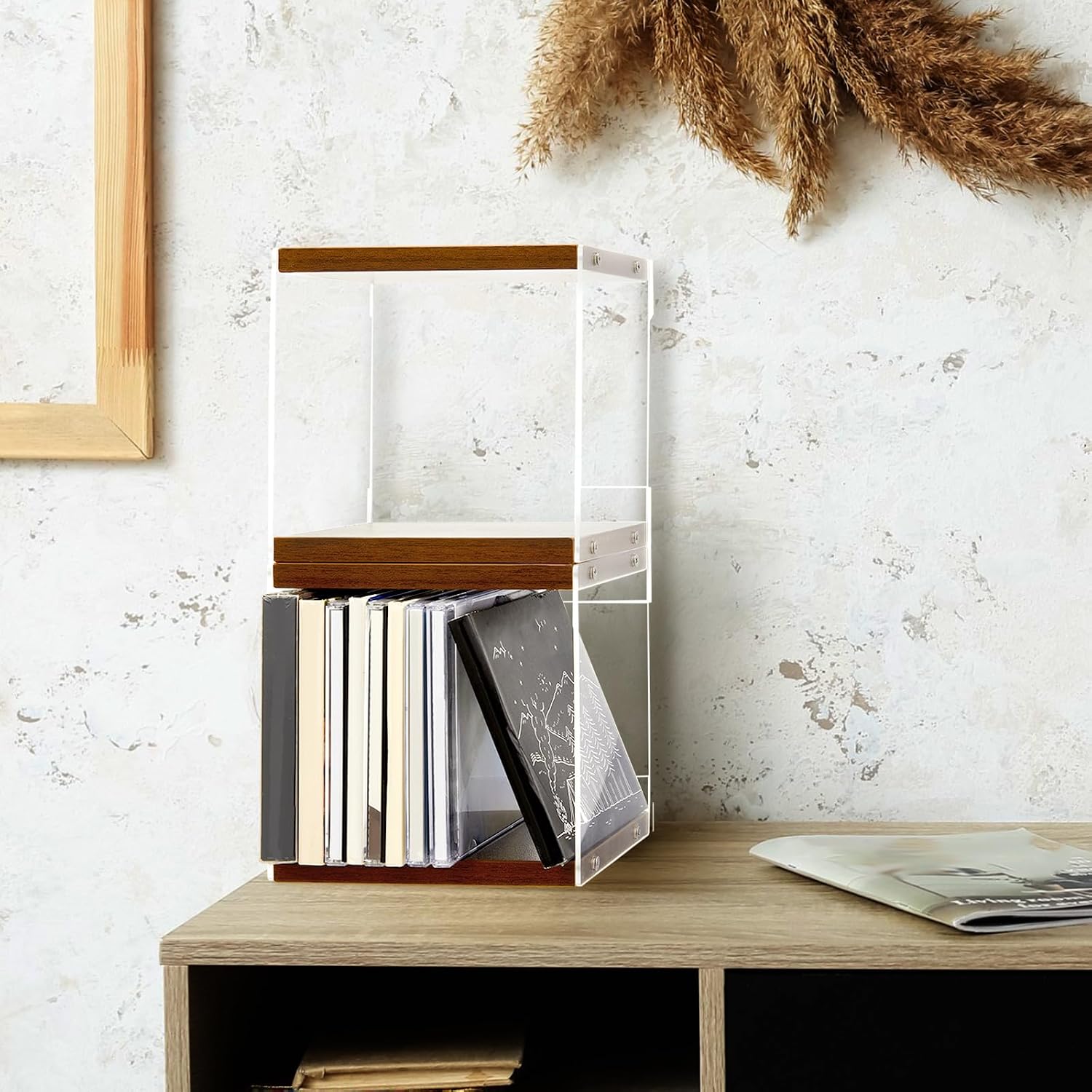 Threehoney 4 Pcs Retro MDF Cd Holder, Walnut Colored DVD Shelf Rack