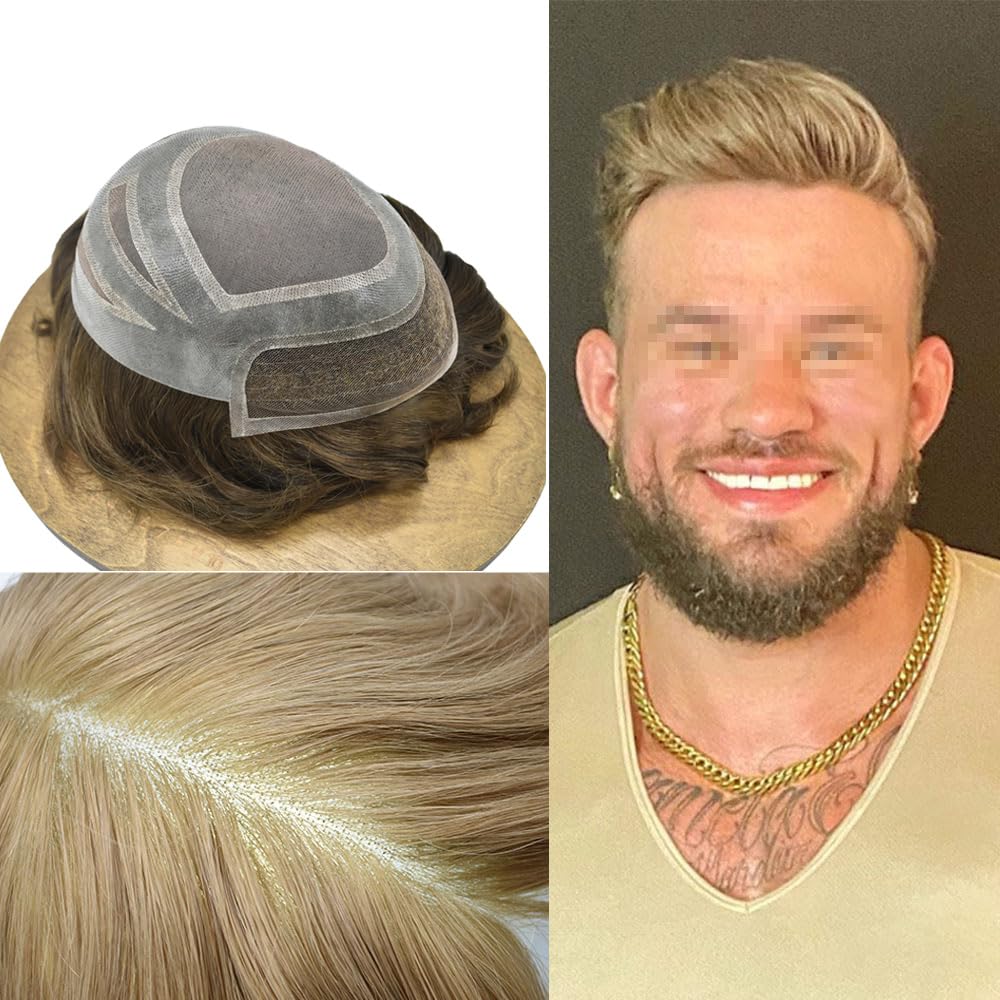 Hair Wonders Mens Toupee Hair System For Men French Lace Front Toupee For Men Real Human Hair Piece For Men Hair Replacement Protesis Capilar Para Hombre 8x10 Medium light density 20# LIGHT ASH BLONDE