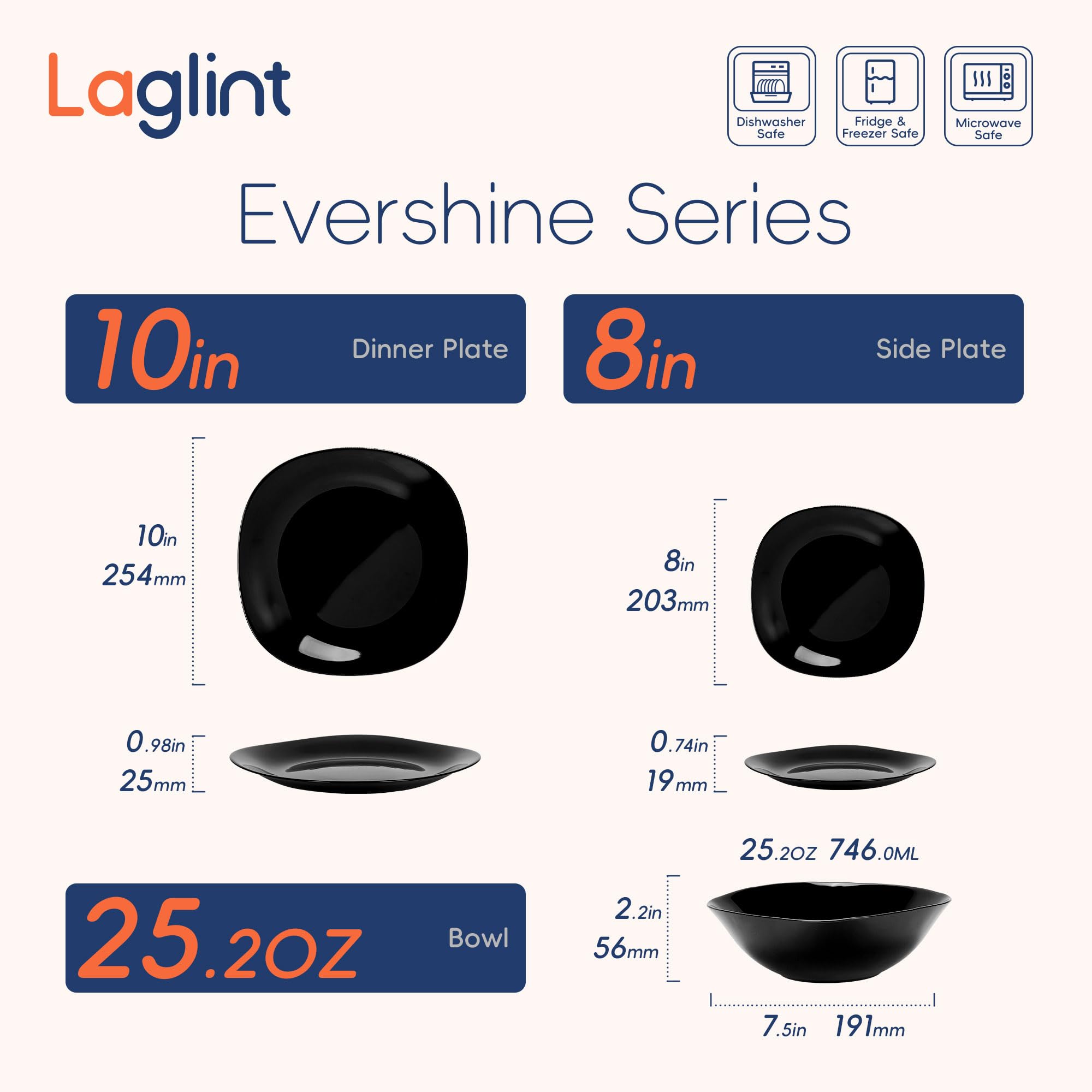 LaGlint Vetro Opalino Servizio da Piatti Set 18 Pezzi, Quadrati Nero Servizio da Tavola con 6 Piatti Piani, 6 Piatti da Dessert, 6 Ciotole Cereali, Lavabile in Lavastoviglie, Adatto per Microonde