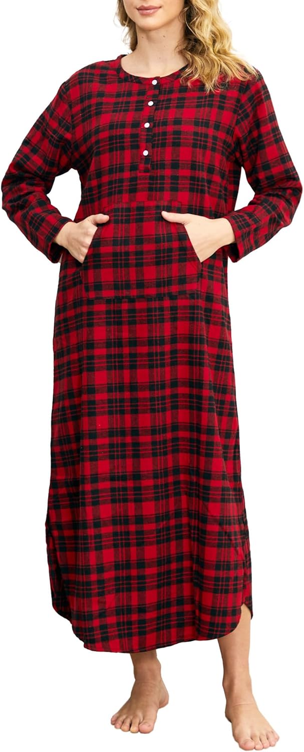 Zerbala Long Flannel Nightgown for Women Long Sleeve Plus Size