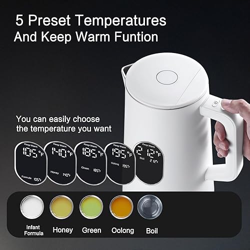Miniatura 3 de Hervidor eléctrico, acero inoxidable de 1.5 L, tetera de doble pared al tacto, hervir rápido, 5 controles de temperatura, pantalla LED, apagado