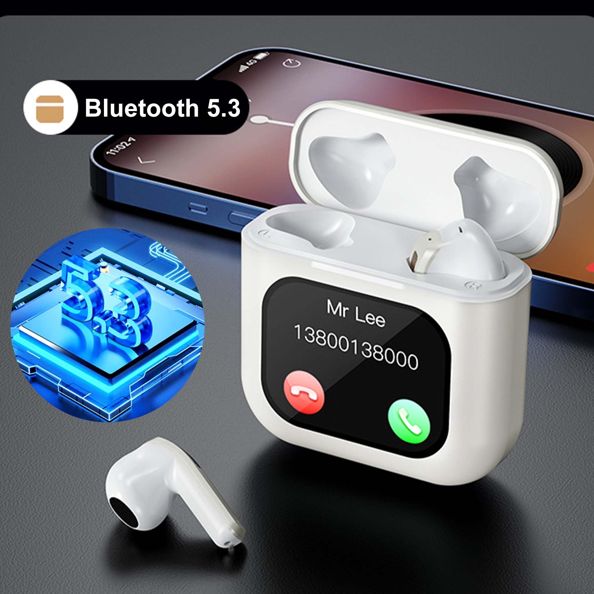 Auricolari Bluetooth in-ear, smart touchscreen, grande display con cancellazione del rumore, per sport, gioco, dormire, Hi-Fi, multilingue per smartphone, tablet, laptop, regalo (bianco)