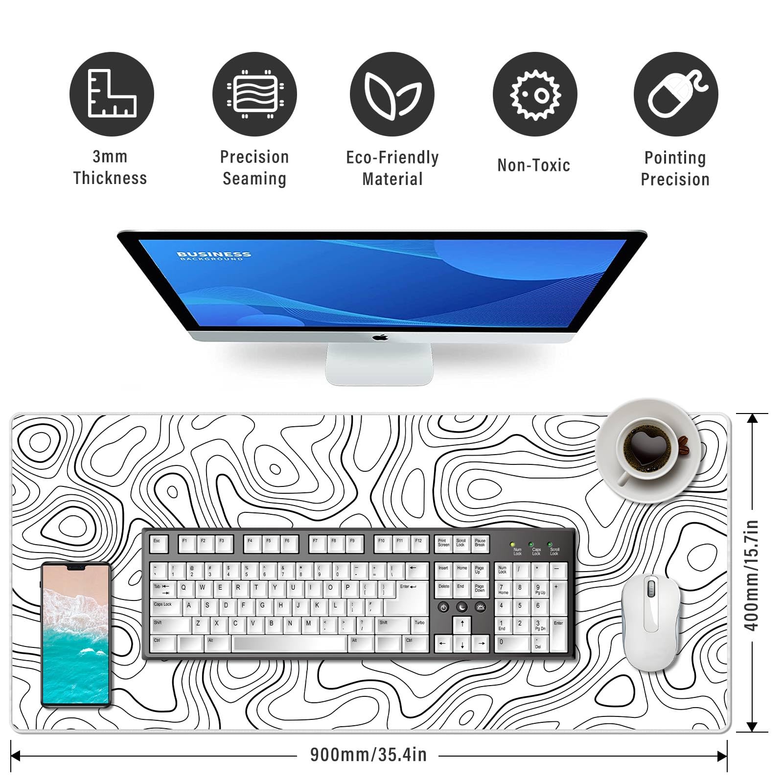 Anpollo Tappetino per mouse da gaming, XXL, grande, con gomma impermeabile e antiscivolo, per PC, MacBook, studio, laptop, gaming, casa, bianco, topografico, 900 x 400 mm