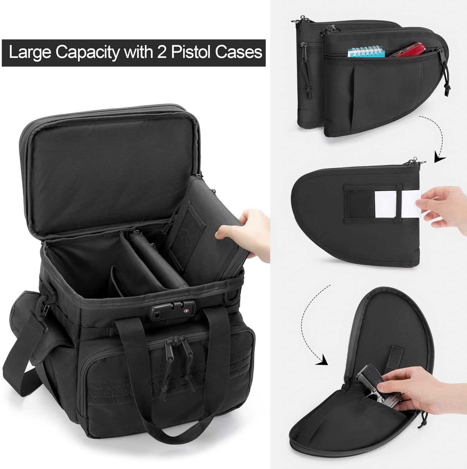 Tactical 3 Gun Range Bag with 2 Small Pistol Cases and Tactical Pistol Magazine Storage Bag with 5 Mag Slots
