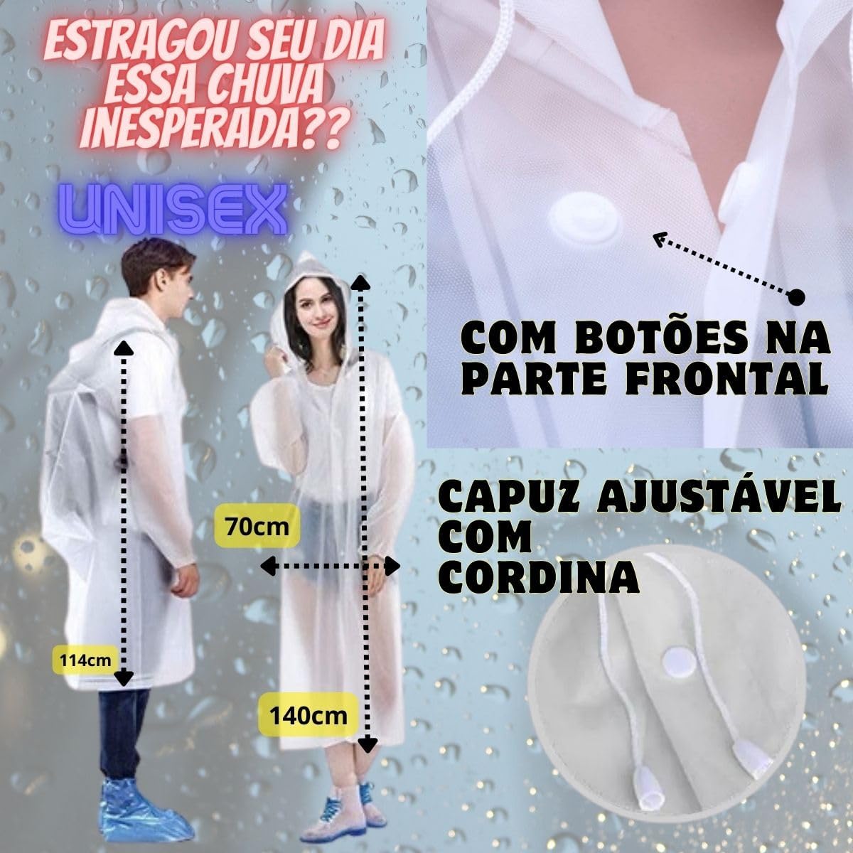Capa de Chuva EVA Adulto Unisex c/Capuz Impermeável Resistente Feminina Masculina Poncho branco transparente reutilizável para viagem acampamento homens e mulheres forro com botão passeio festas shows