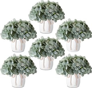 Leinuosen 6 Set Artificial Hydrangea Flowers and Plastic Vases Set Centerpieces Table Decorations Silk Fake Hydrangea Full Flowers Heads with Stems Bulk for Wedding Home Baby Shower (Sage Green)