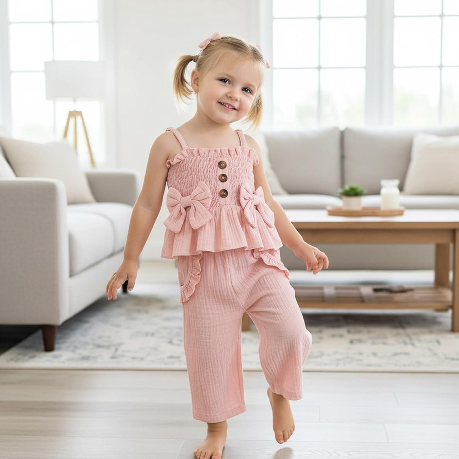 Toddler Baby Girl Clothes Summer Outfits Cute Bow Button Ruffle Camisole Pants Set 9-36 Months
