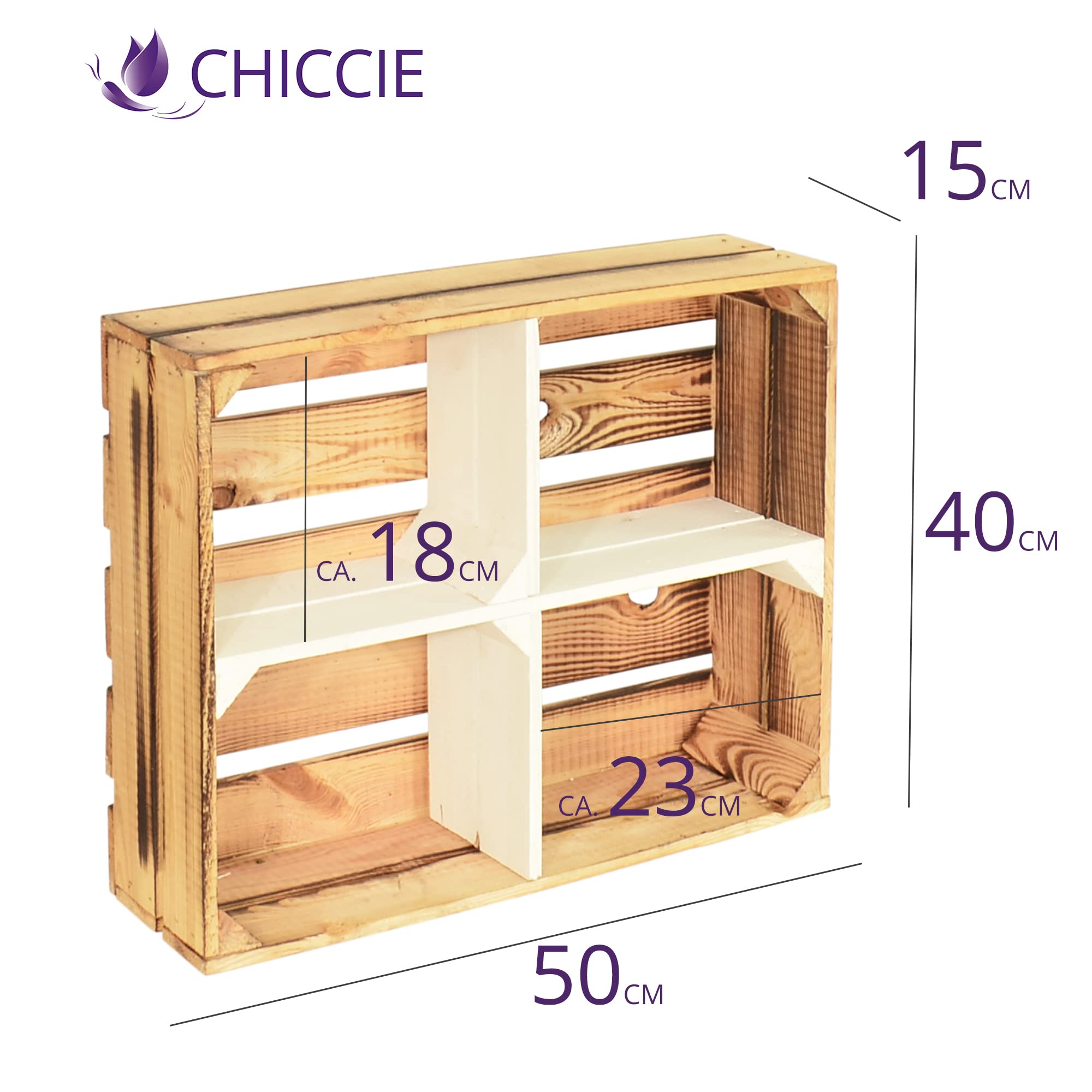 3 Set Holzregal Schmalhanz 50x40x15cm - Hell Geflammt Weiß + Regal Holzkiste