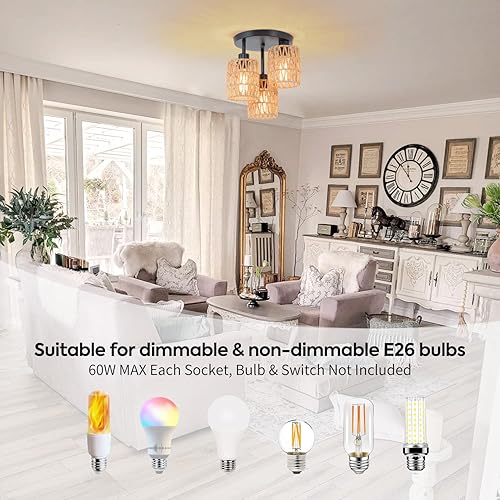 Miniatura 5 de Lámpara de techo de ratán tejida de 3 luces, luz de montaje semiempotrada tejida a mano, cesta natural costera bohemia cerca del techo, para
