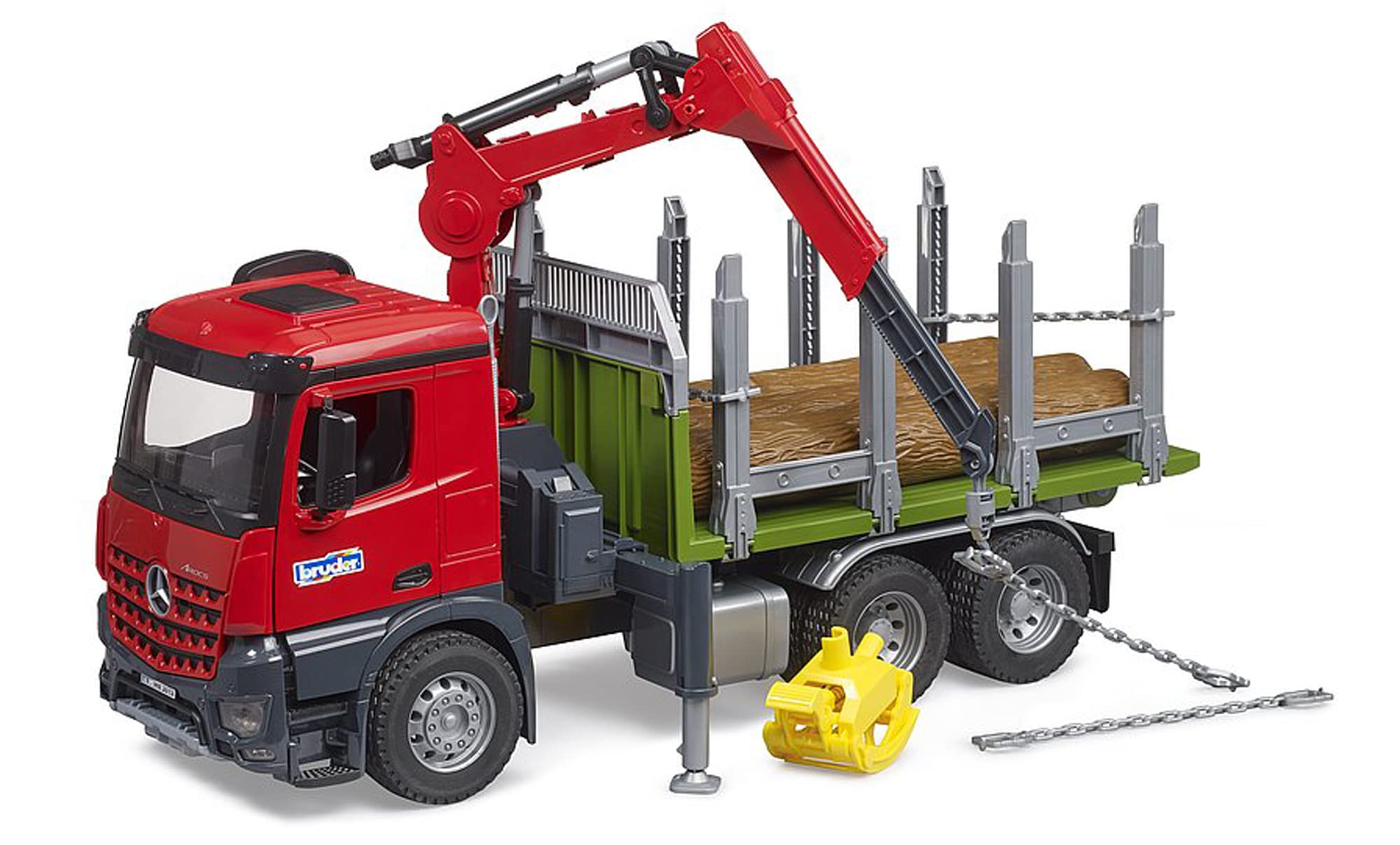 bruder 03669 - MB Arocs ci|arówka do transportu drewna z dzwigiem zaBadowczym, chwytakiem i 3 pniami drzew, pojazdy, transporter drewna, koparka, zabawki od 4 lat wzwy|