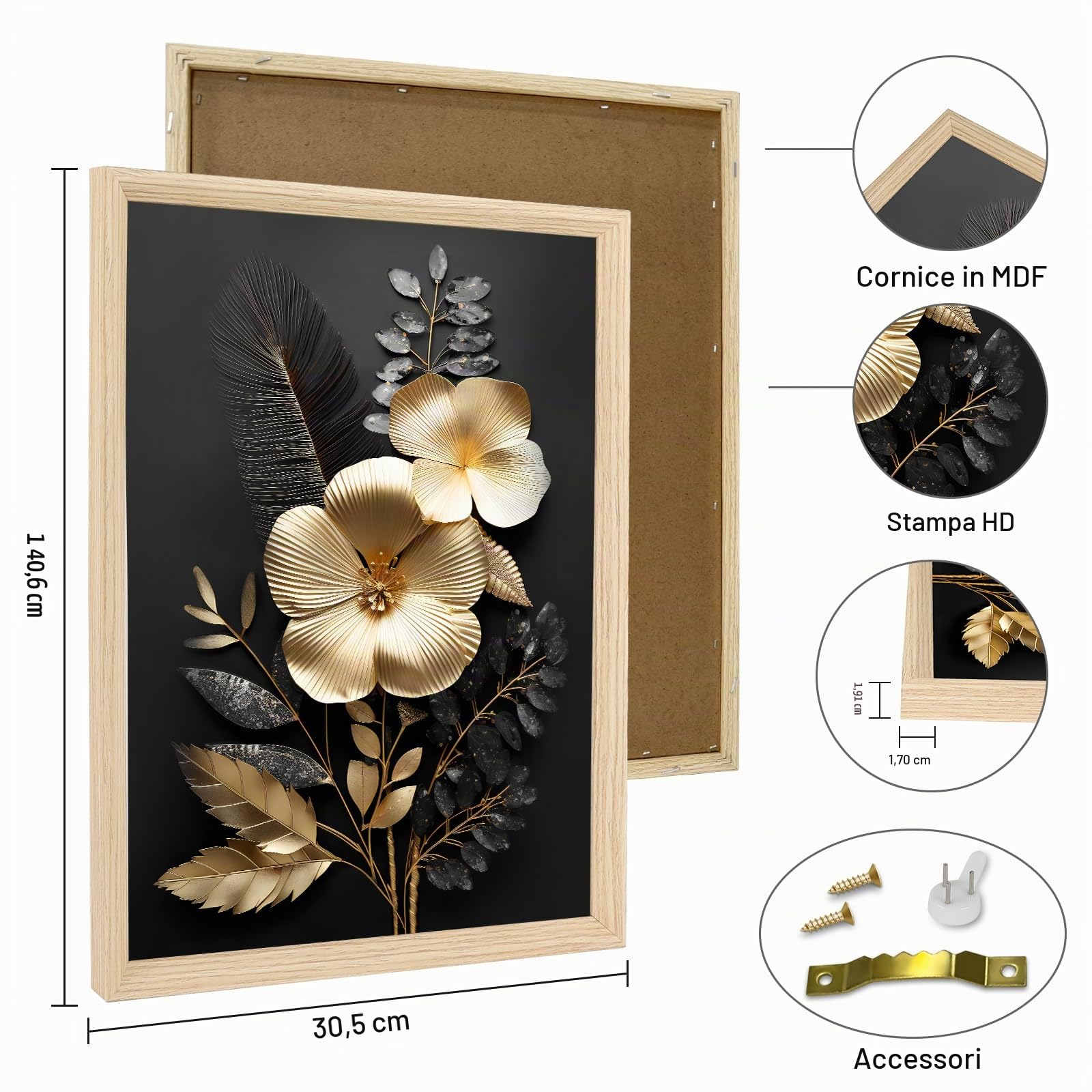 3Pcs Fiori 3D Oro Nero Stampa su Tela Con Cornice Foglie di Monstera Pittura Quadri su Tela Quadri Moderni Poster Camera da Letto Soggiorno Decorazioni 90x40cm(12"x16"x3pcs) (Senza Plexiglass)
