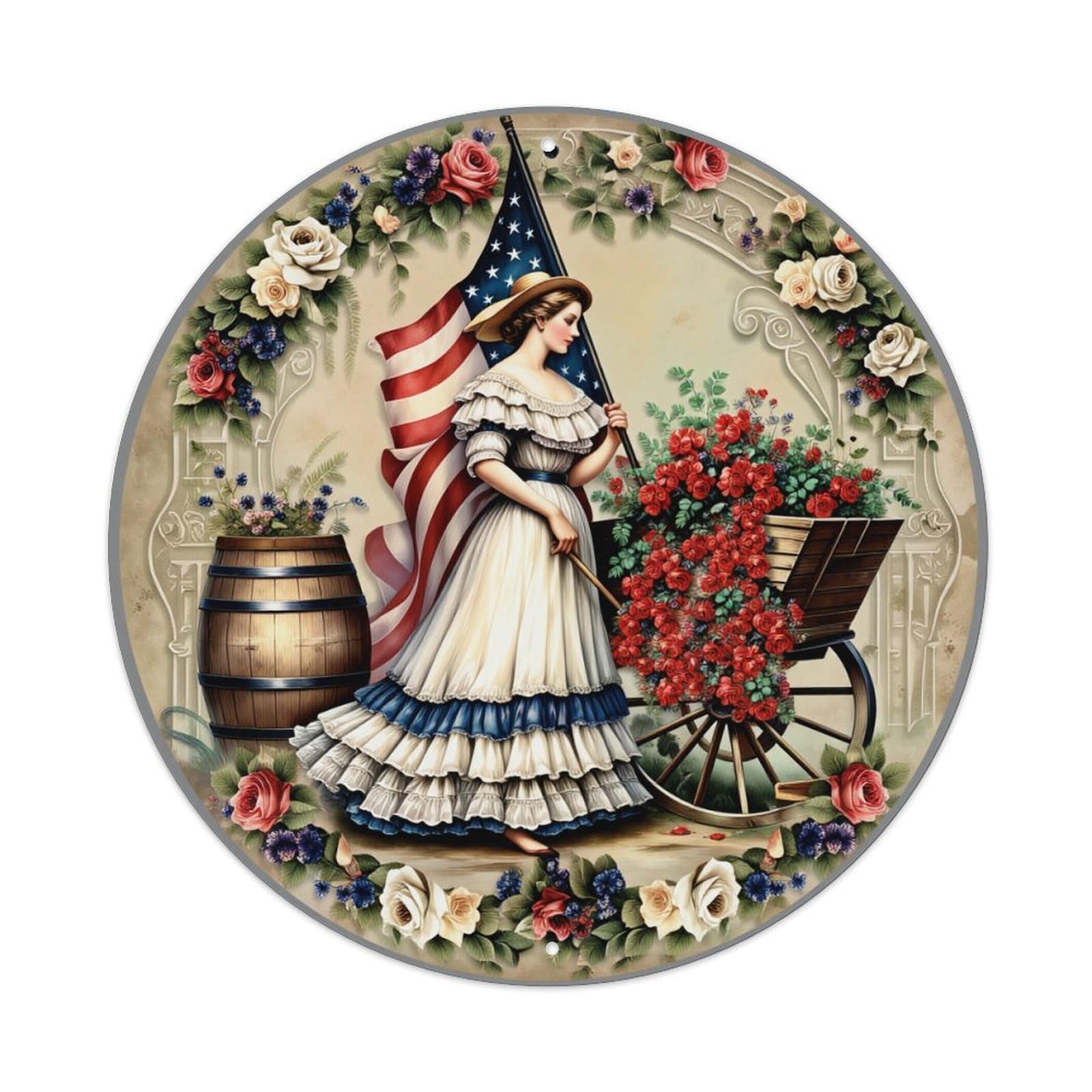 Jdfenggu Vintage American Flag Lady Garden Cart Retro Metal Tin Sign, Metal Poster For Bar, Home, Man Cave, Kitchen, Laundry Room Art Decor 8X8 Inch