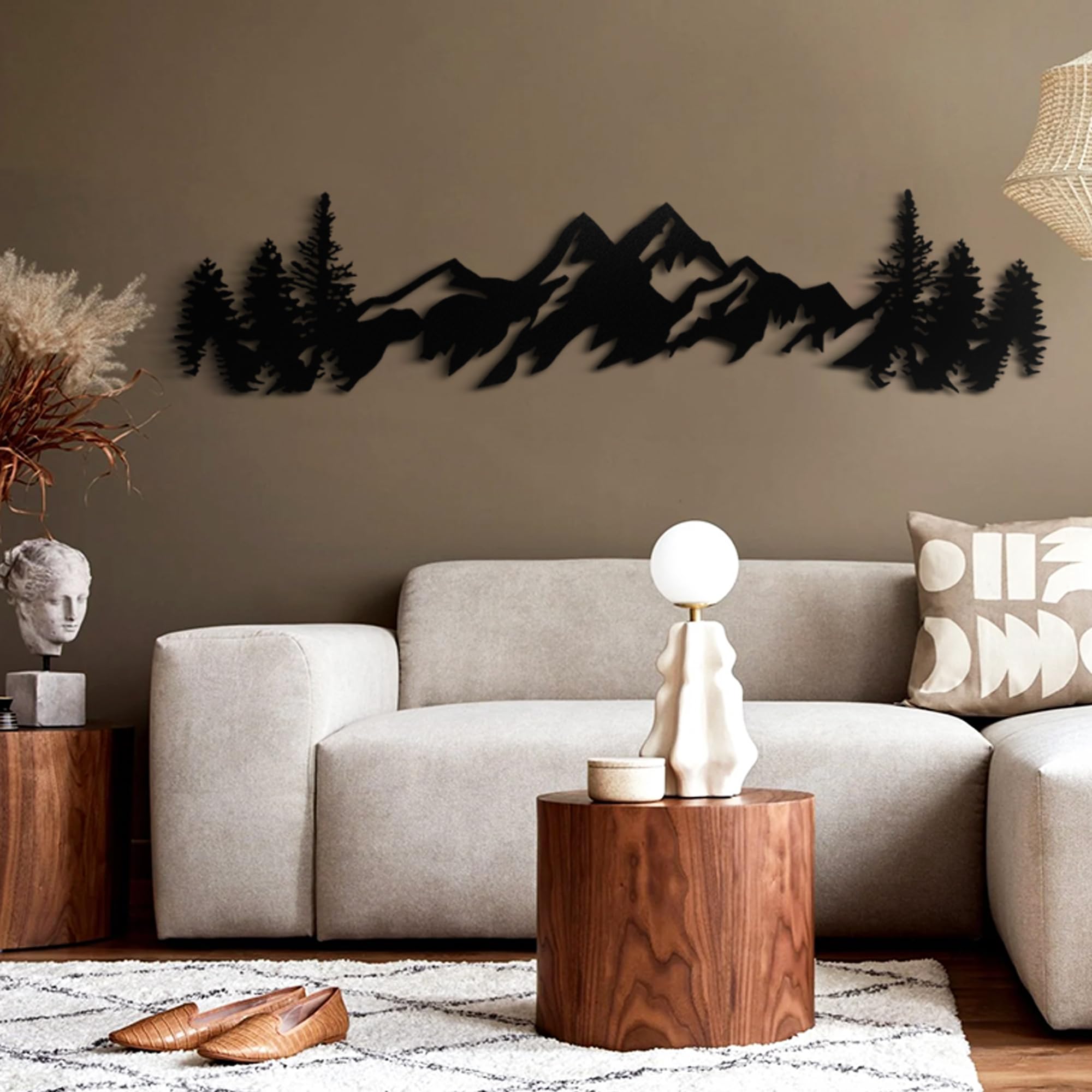Set di 4 decorazioni da parete in metallo con tramonto e foresta di montagna, disegno minimalista a linee grandi montagne, decorazione per la casa per