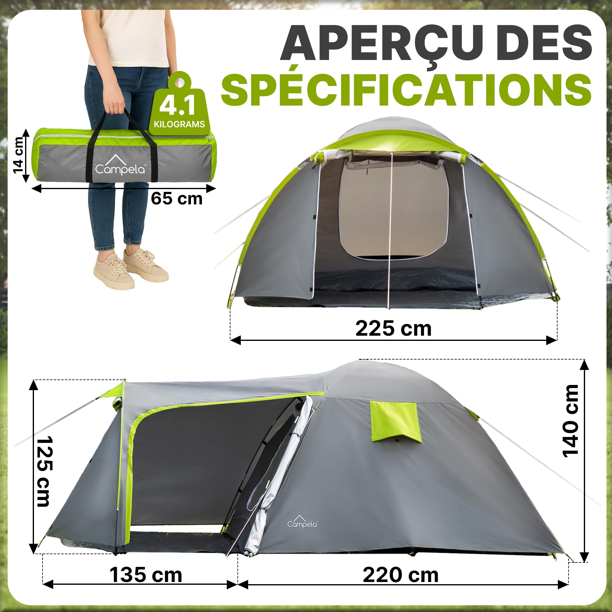 Tente Touristique Campela, Familiale Tropicale, pour 4 Personnes - étanche 3000m, Coutures étanchées, CA0013