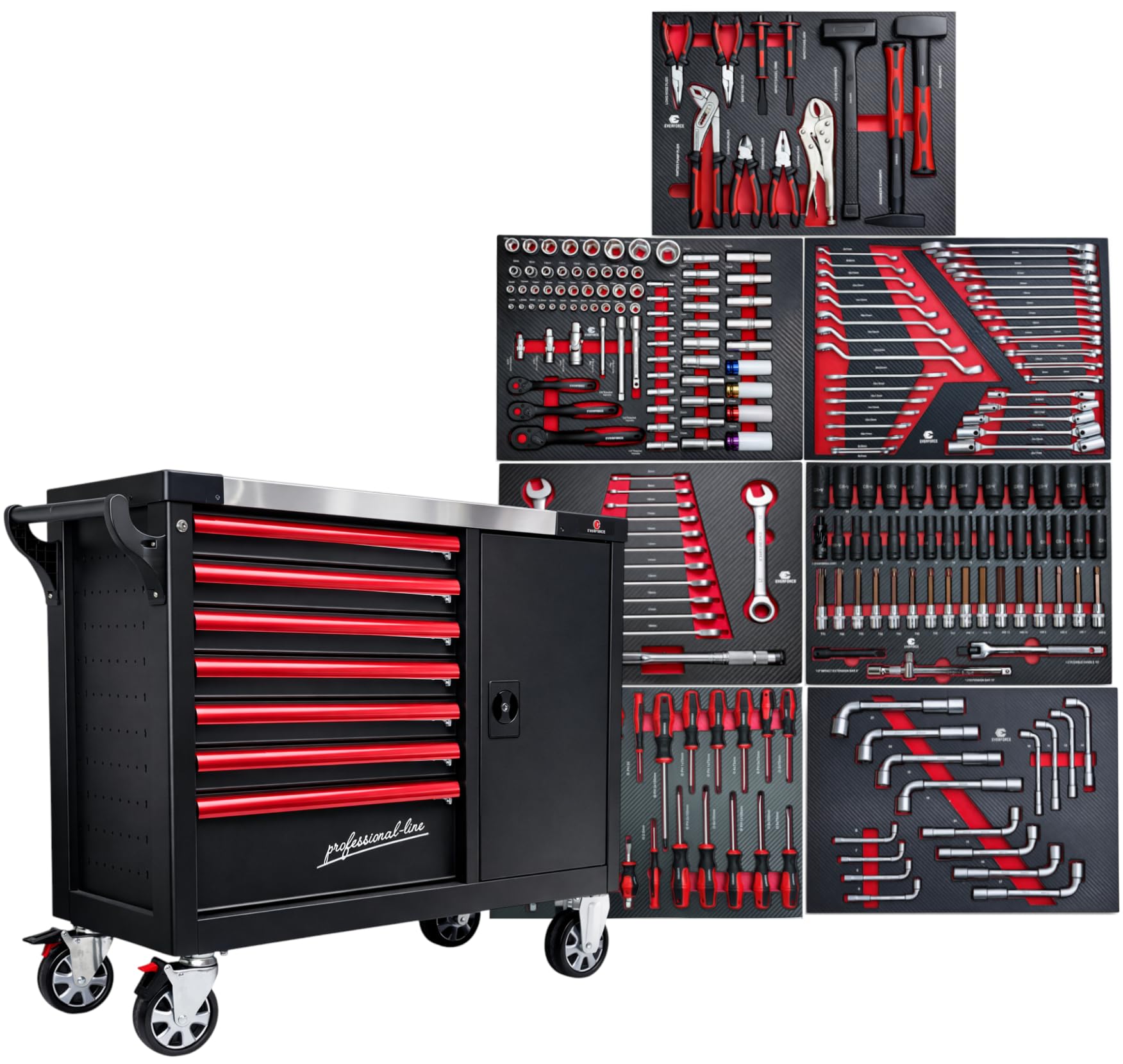 DeTec. Chariot à outils XXL rempli d'outils | 7 tiroirs équipés | Servante d'atelier automobile aspect carbone | Boîte à outils de voiture équipée d'outils professionnels