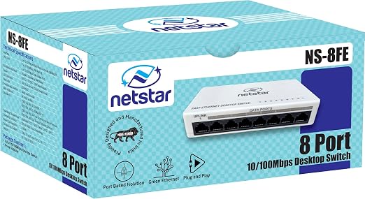 NETSTAR 8 Port Desktop Switch 10/100 Mbps Fast Ethernet Network Switch / Hub Plug & Play Unmanaged - No Configuration Required 100% Made in India NS-8FE
