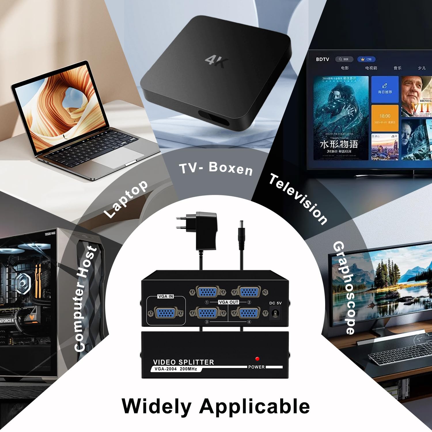 1-in-4 VGA-splitter – 4-poorts Beeldverdeler, Ondersteunt 1920x1440, Plug & Play, Ideaal Voor Meerdere Schermen