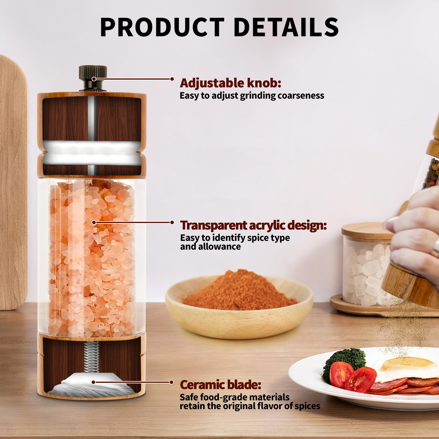 Salt and Pepper Grinder Set,Manual Salt Pepper Mills Grinders for Kitchen,Refillable and Adjustable Wooden Shakers for Pepper Salt Spices