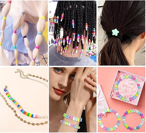 Miniatura 5 de Wavlakth Juego de 1510 cuentas de pelo de color caramelo para niñas, kit de trenzas con banda de goma elástica, corazón de estrella acrílica,