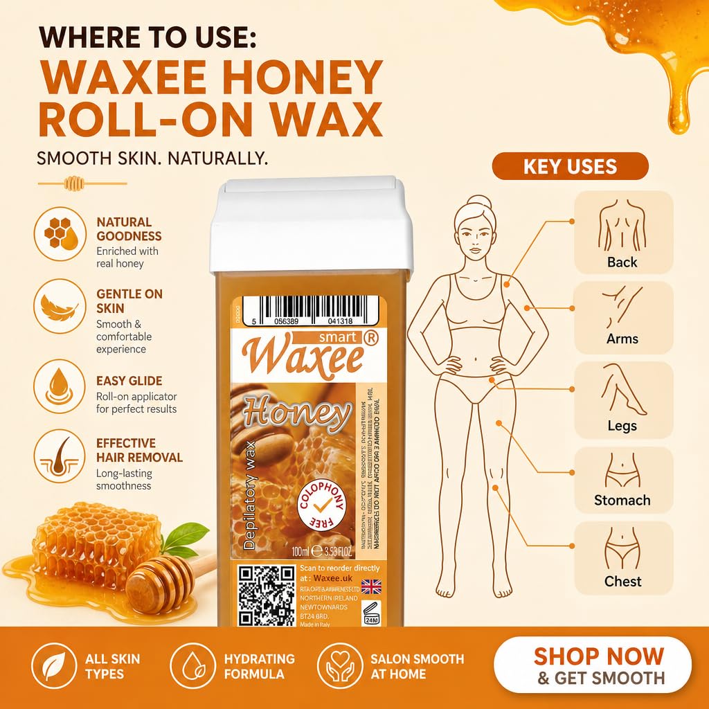 Waxee Roll On Wachskartusche, 100 ml, natürliches Honigwachs - Kolophoniumfrei - Körperwachs - Haarentfernungsbehandlung zu Hause - Empfindliche Haut - Unisex