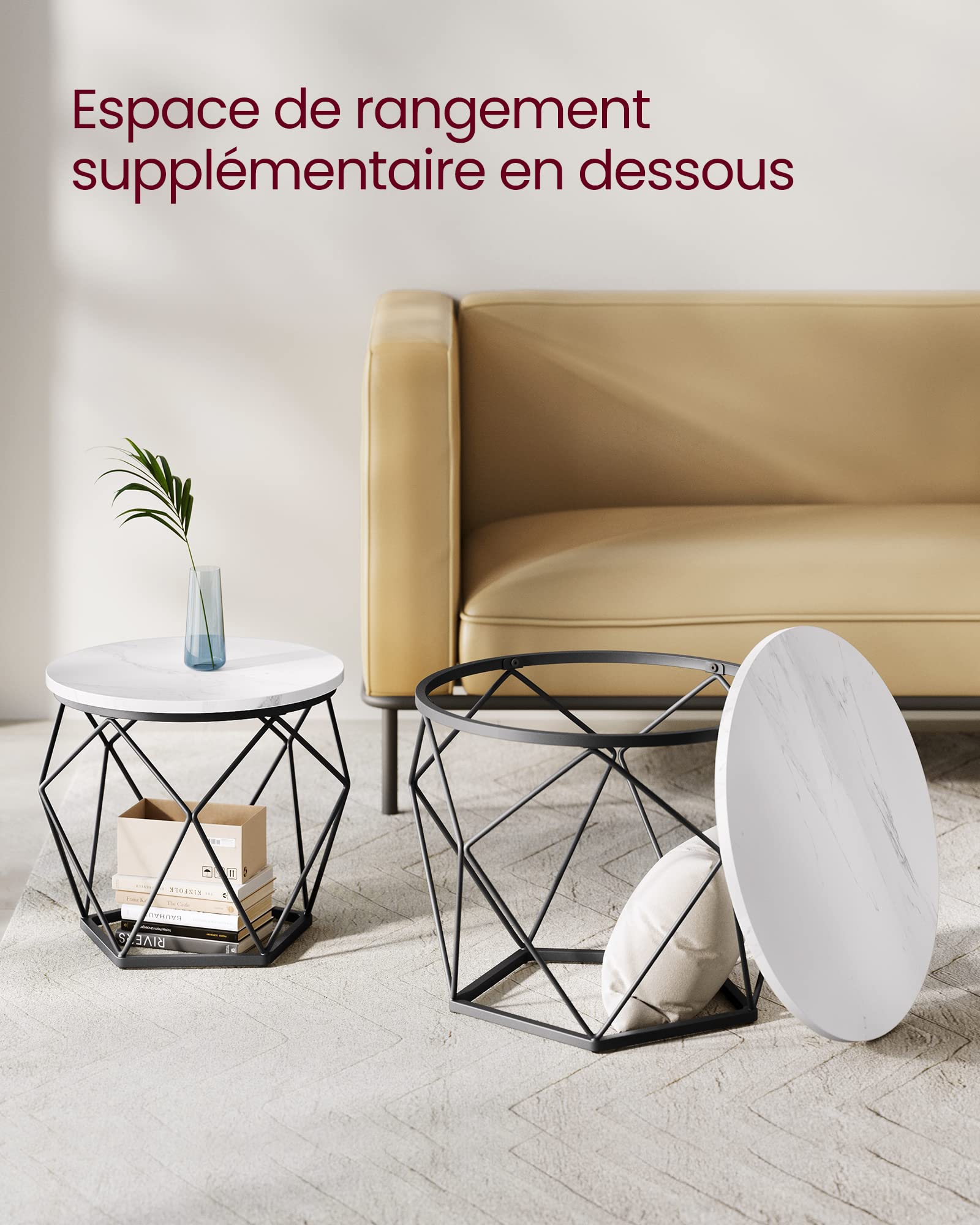 VASAGLE Table Basse Ronde, Lot de 2, Table d’Appoint, Bout de Canapé, Style Moderne, Plateau Amovible, Cadre en Acier, pour Salon, Blanc et Noir LCT041W59
