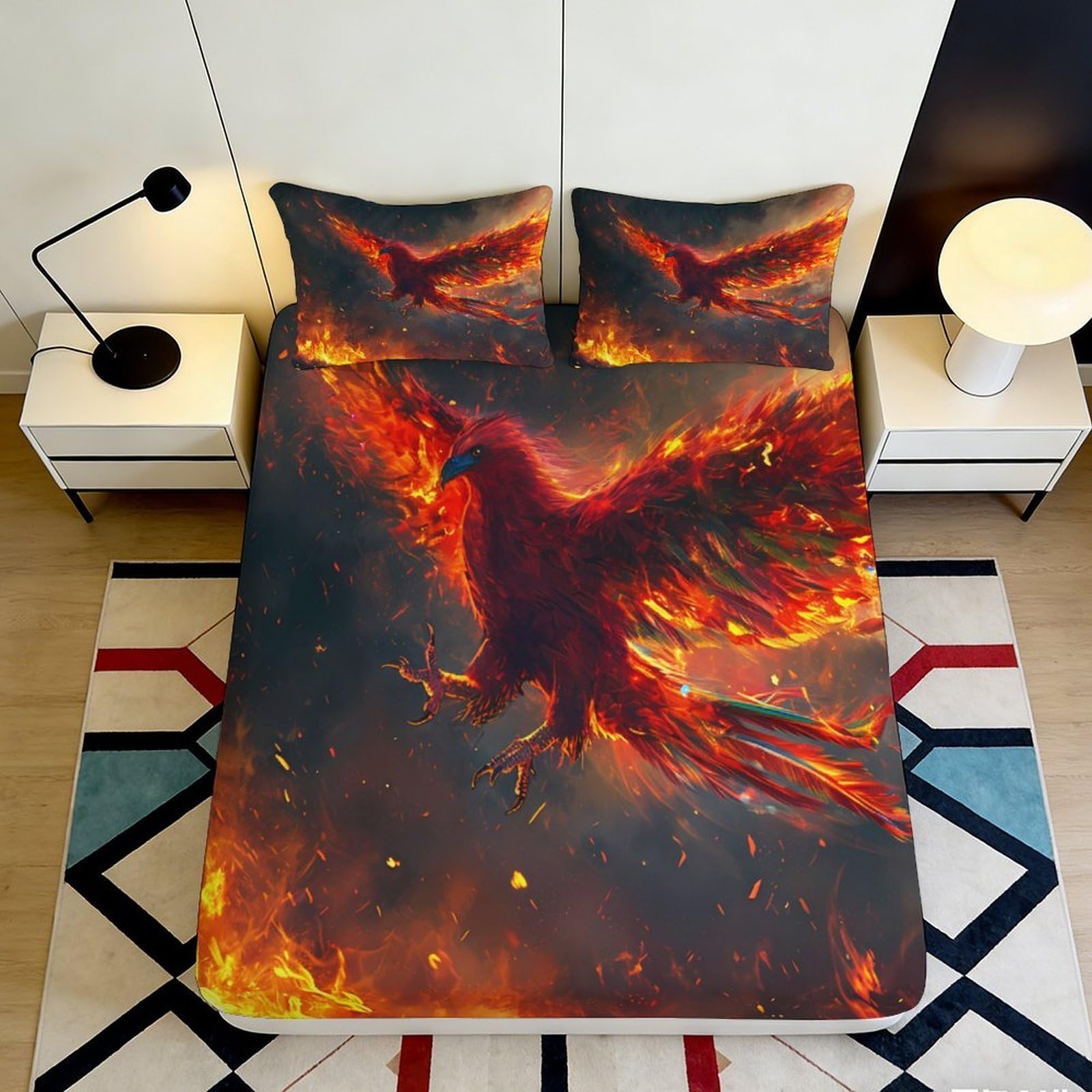 Dhbaneiok Style-1 3D Printed Fire Phoenix Fitted Sheet Microfiber Soft Bed Cover Flame Bird Mattress Cover Bedroom Dorm Decor 90X200x25cm