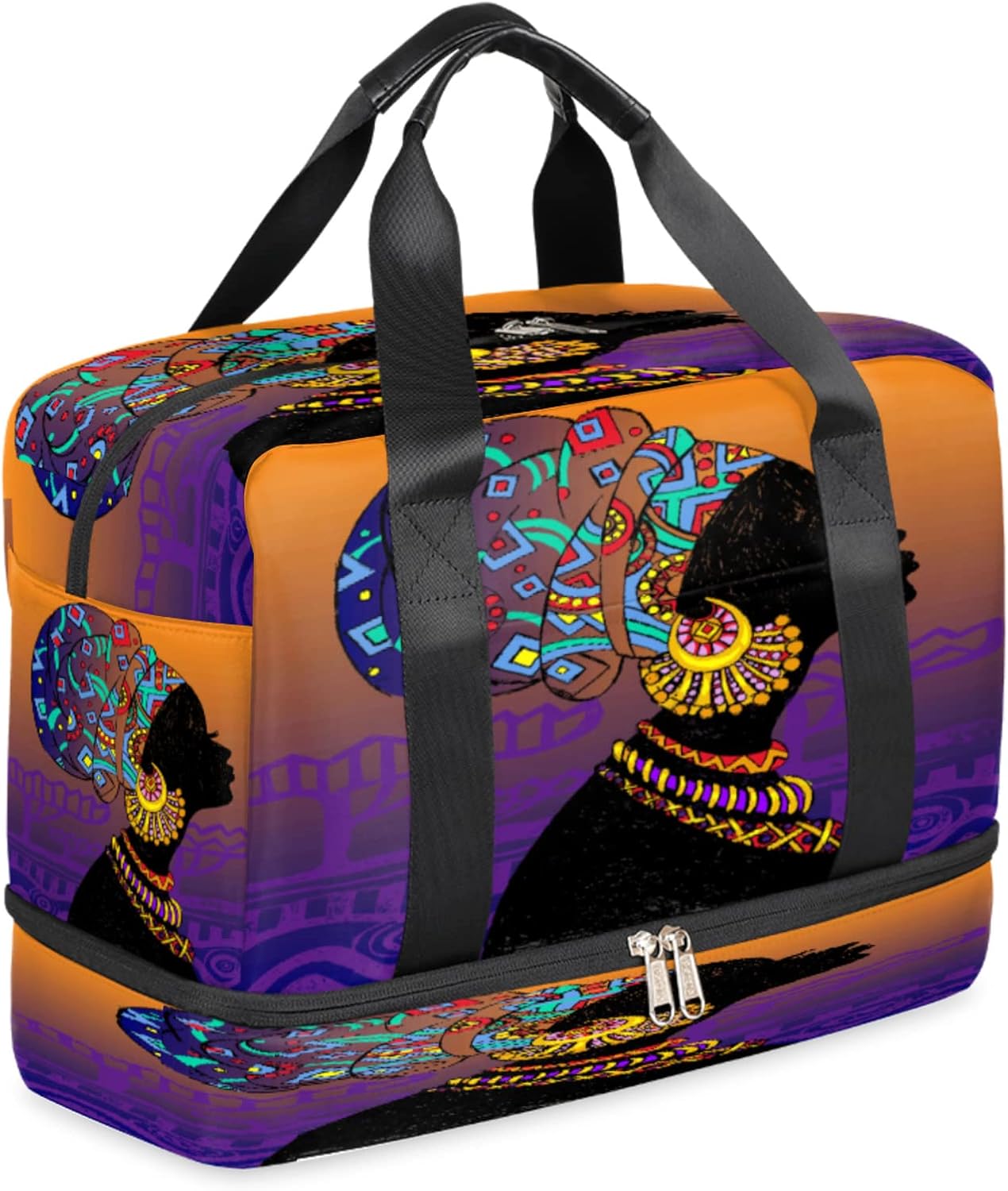 African American Woman Duffel Bag, African Woman Sports Tote Gym Bag with Wet Pocket & Shoes Compartment Carry On Luggage Bag Weekender Overnight Bag Travel Bags for Men Women