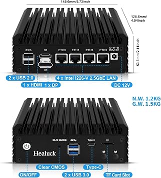 Firewall Appliance Mini PC, N6005 Quad Core Fanless Firewall Router Micro Computer, DDR4 0GB RAM 0GB SSD Barebone, 4X 2.5Gbe LAN/USBC/TF/HD/DP/VPN/AES-NI/OPNsense/,Triple Display