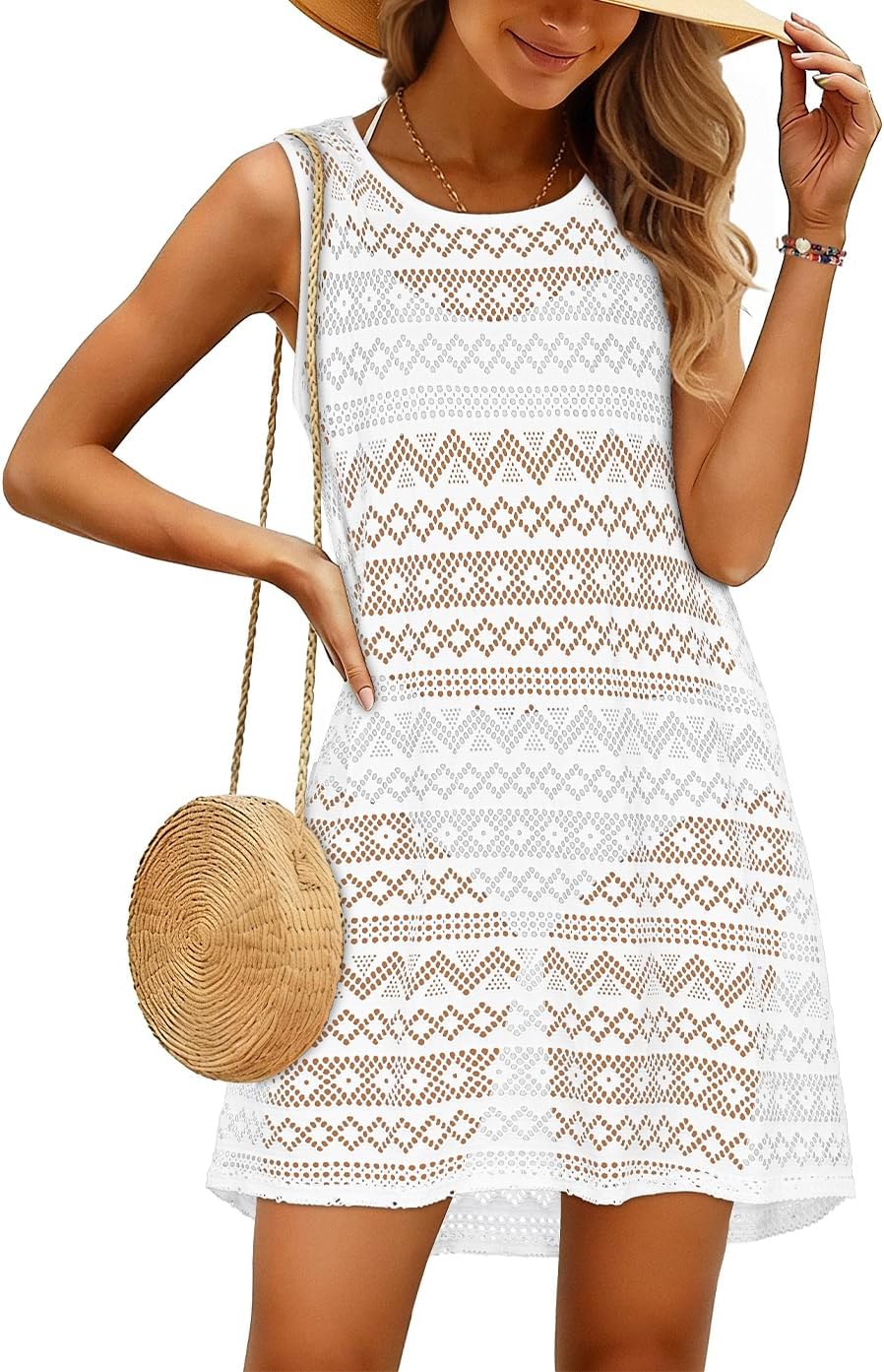 CHICGAL Womens Swimsuit Coverup Knit Sleeveless Bathing Cover Ups Bikini Beach Dress Hollow Out Summer Vacation Swimwear
