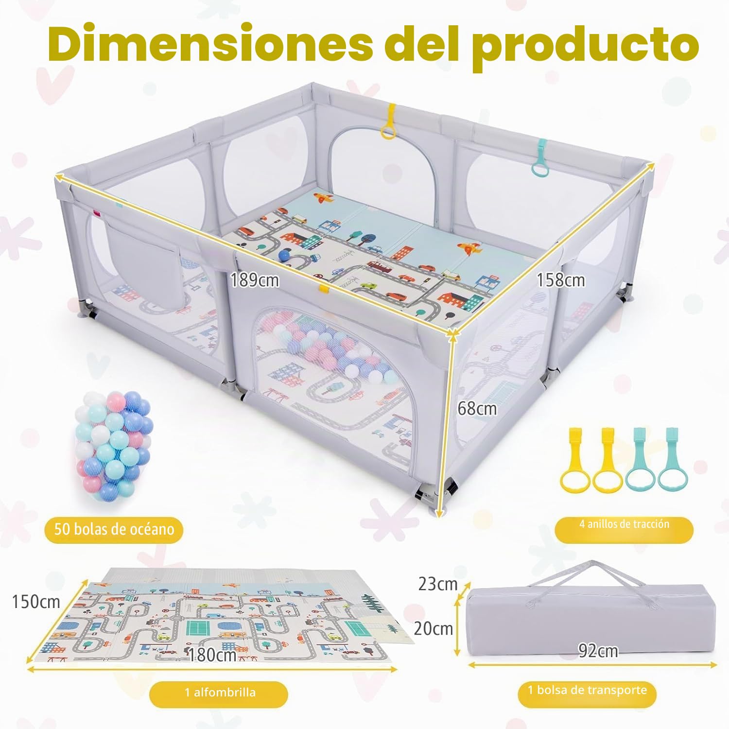 FANTASK Parque infantil plegable con colchón, 189 x 158 cm, con 50 pelotas de juego y 4 asas (gris claro)