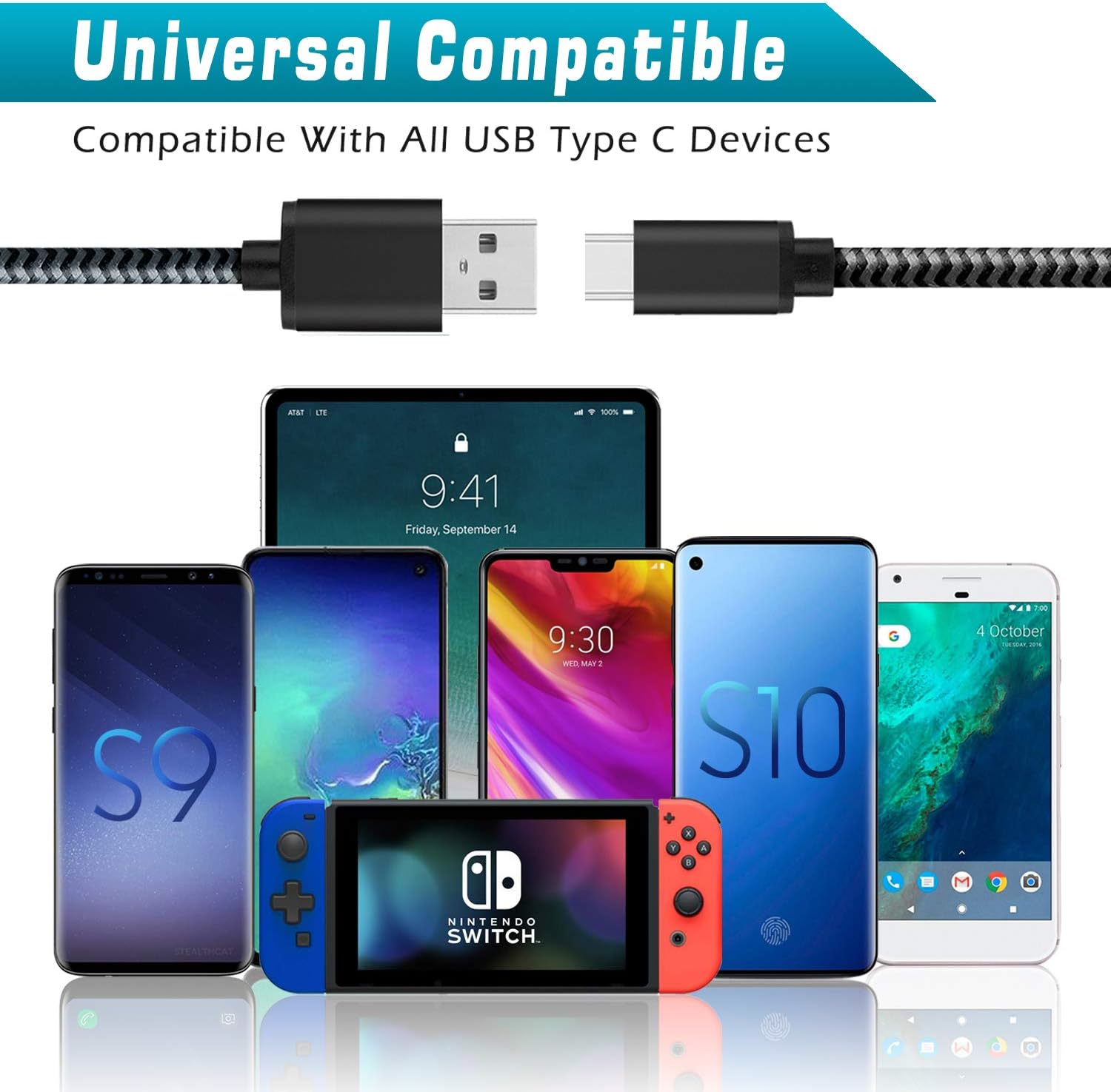Power-7 USB Type C Cable, 2-Pack 10FT Extra Long USB C Cable Nylon Braided Fast Charger Cord Compatible with Samsung Galaxy Note 10/Note 10+/9/S8/S9/S10/S10+, LG V40/G8, Moto Z3 Z4 Pixel 3 XL and More