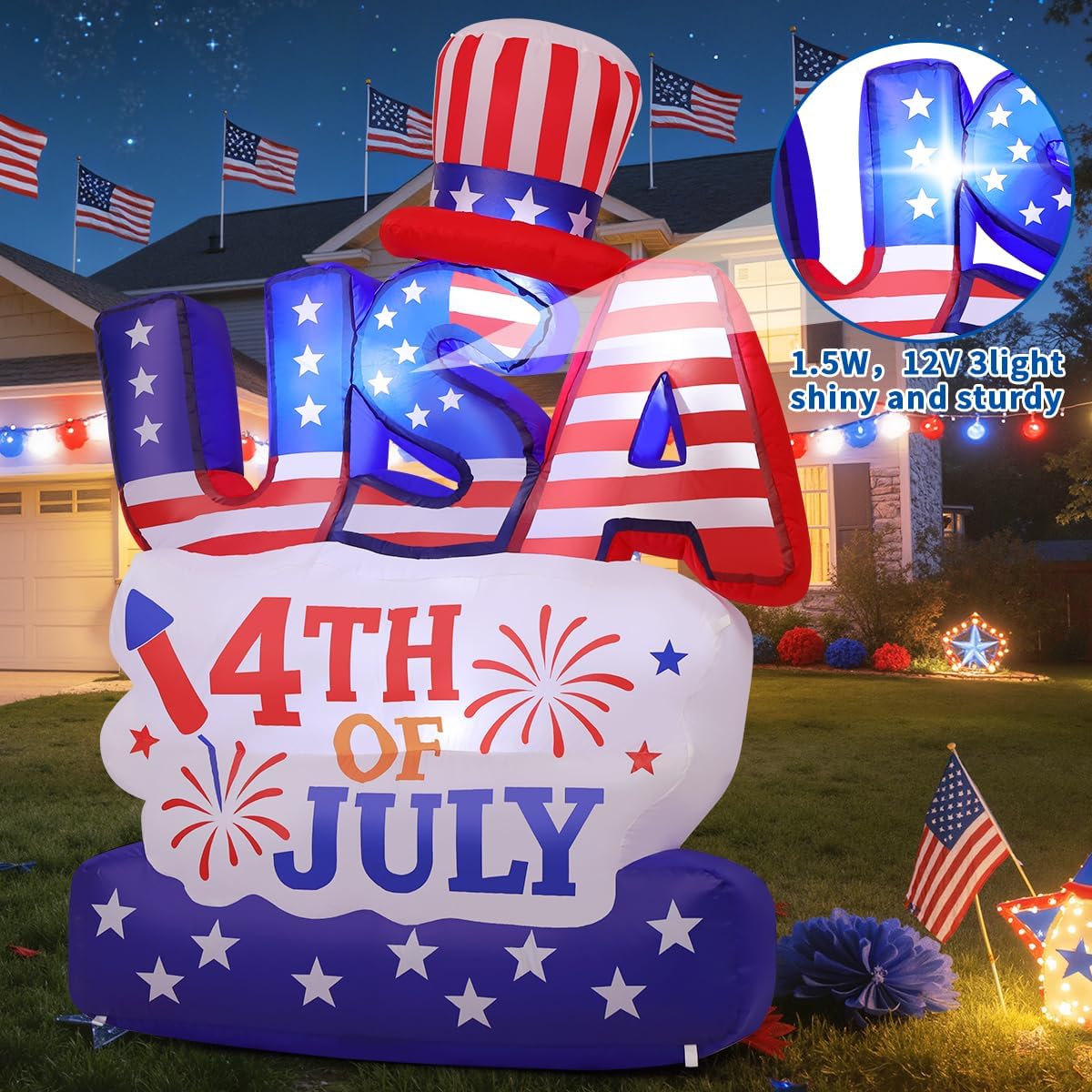 COMIN 6.2FT 4th of July Inflatable Patriotic Decoration, USA Letter Hat Blow Up Yard Decor with Built-in LED Lights for Independence Day Outdoor Lawn Garden Party