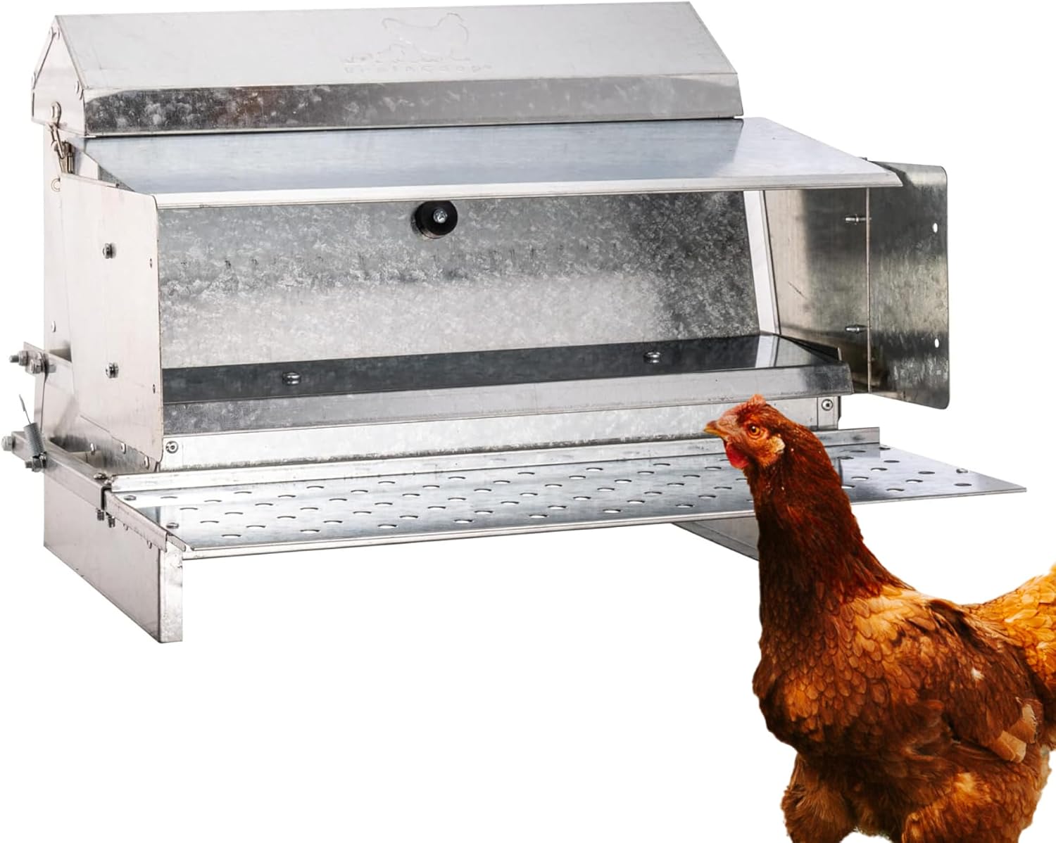 RentACoop Automatic Metal Treadle Feeder - Outdoor Use, Rainproof - Suitable for Chicken, Bantams, Poultry, Pheasants, etc. - 25lb Capacity