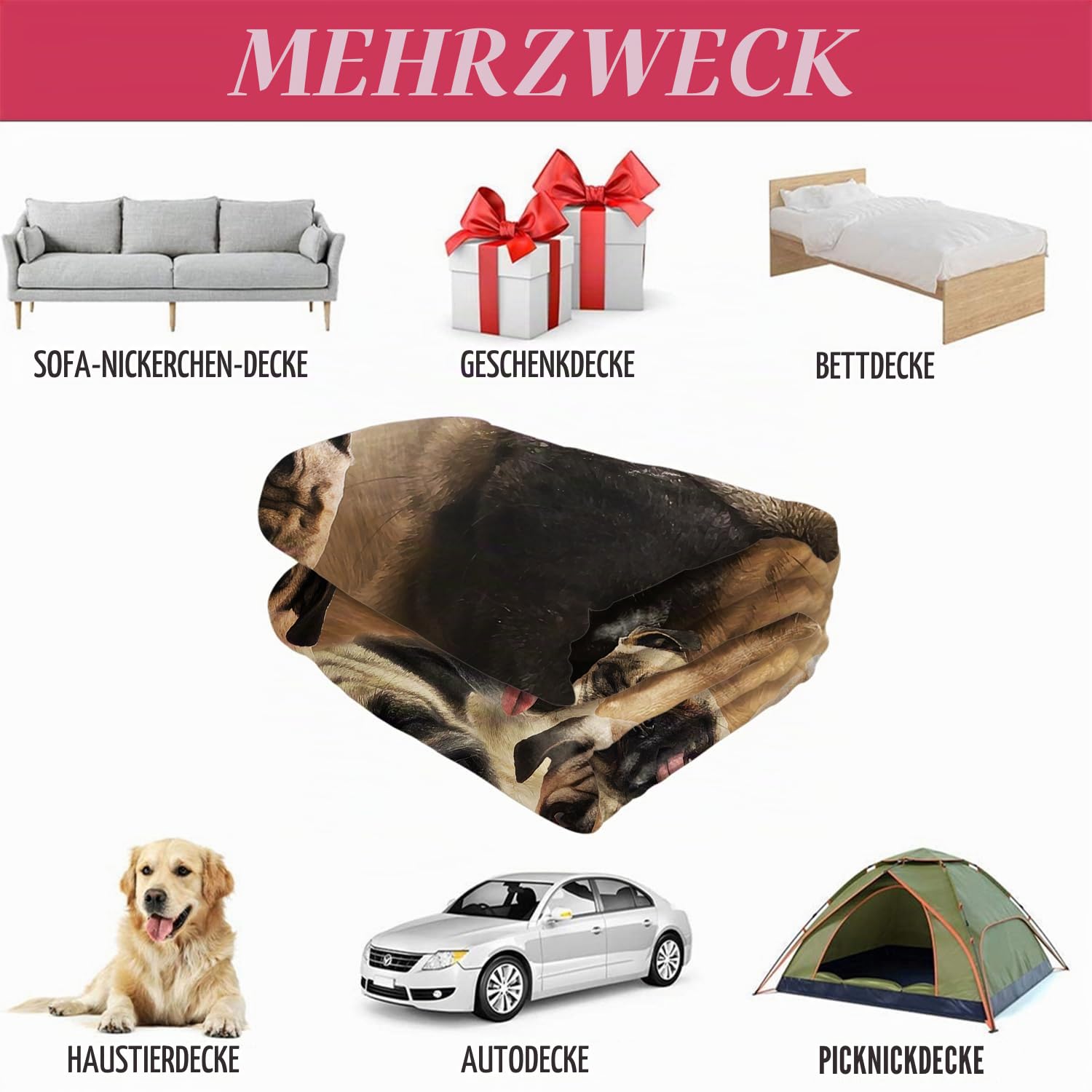 YISUMEI Decke 150x200 cm Kuscheldecken Sanft Flanell Weich Fleecedecke Bettüberwurf Komfortabler Mops Hund