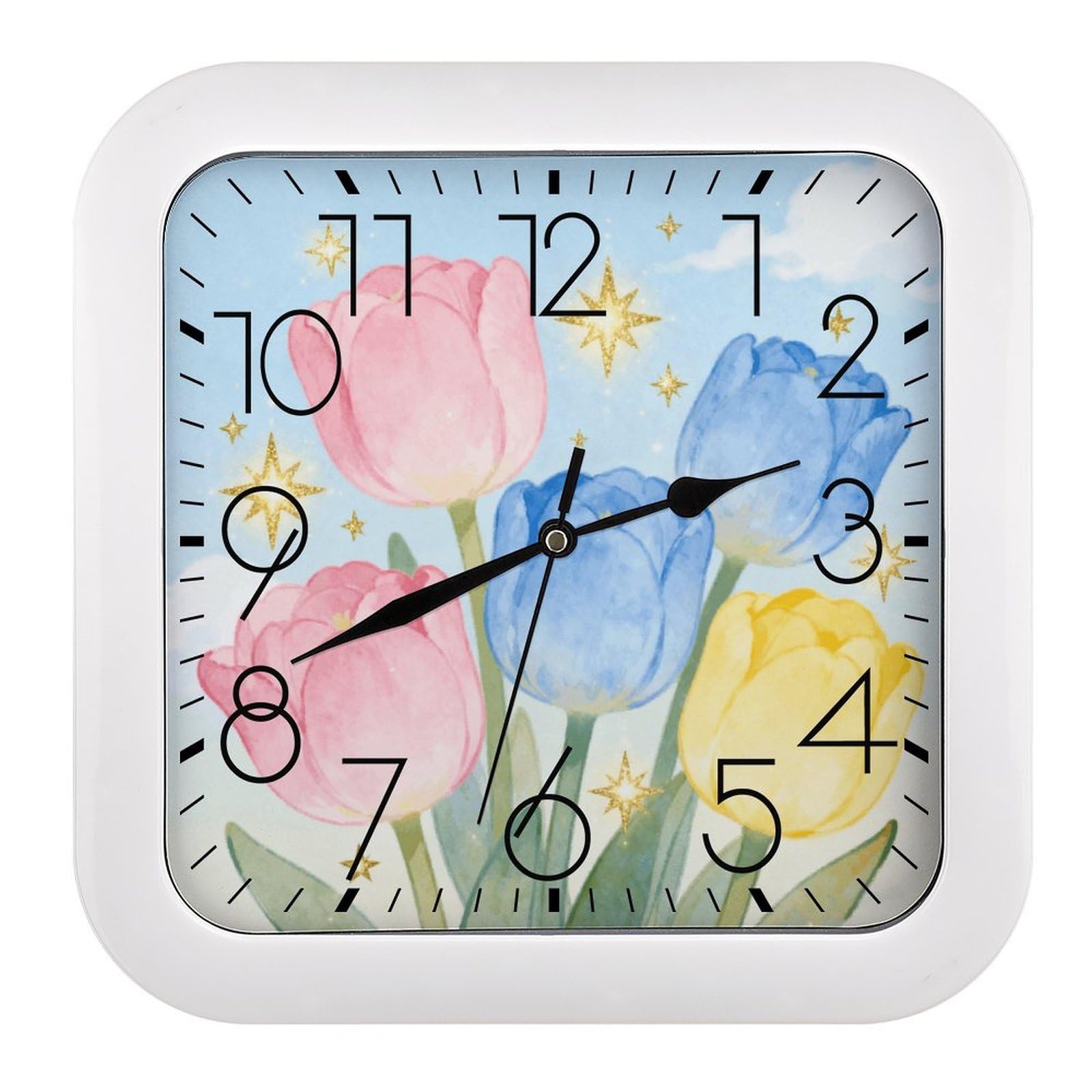 Horloge murale rétro carrée à motif fleurs et étoiles | Pendule silencieuse à pile pour salon