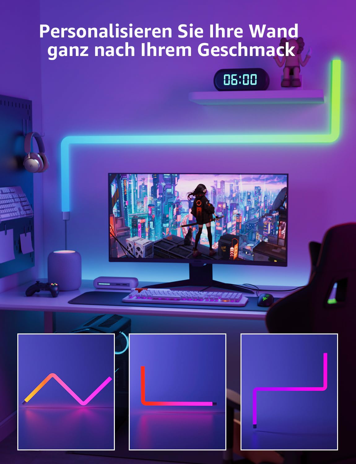 Lepro AI Glide Wall Light WL1, kompatibel mit Alexa&Google Assistant | Wandleuchte mit App-, Musik- und Sprachsteuerung, Personalisierter KI-Lichtdesigner für Gaming,Wand Deko, 8 Stück & 4 Ecke
