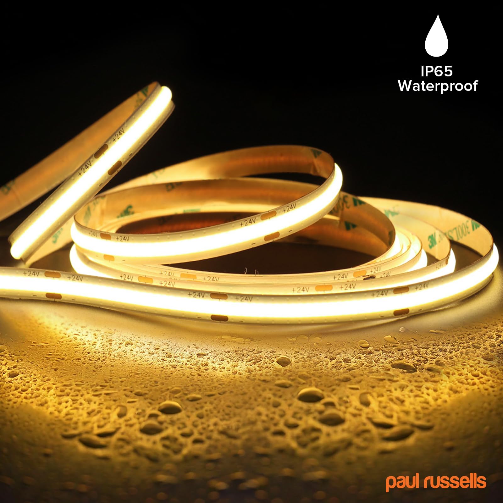 paul russells COB LED Strip Light, 24V- 5Watt/M, 320 LEDs/M, Warm White 3000K, 2300 Lumens, 5M Flexible Tape Light, IP65 - Image 3